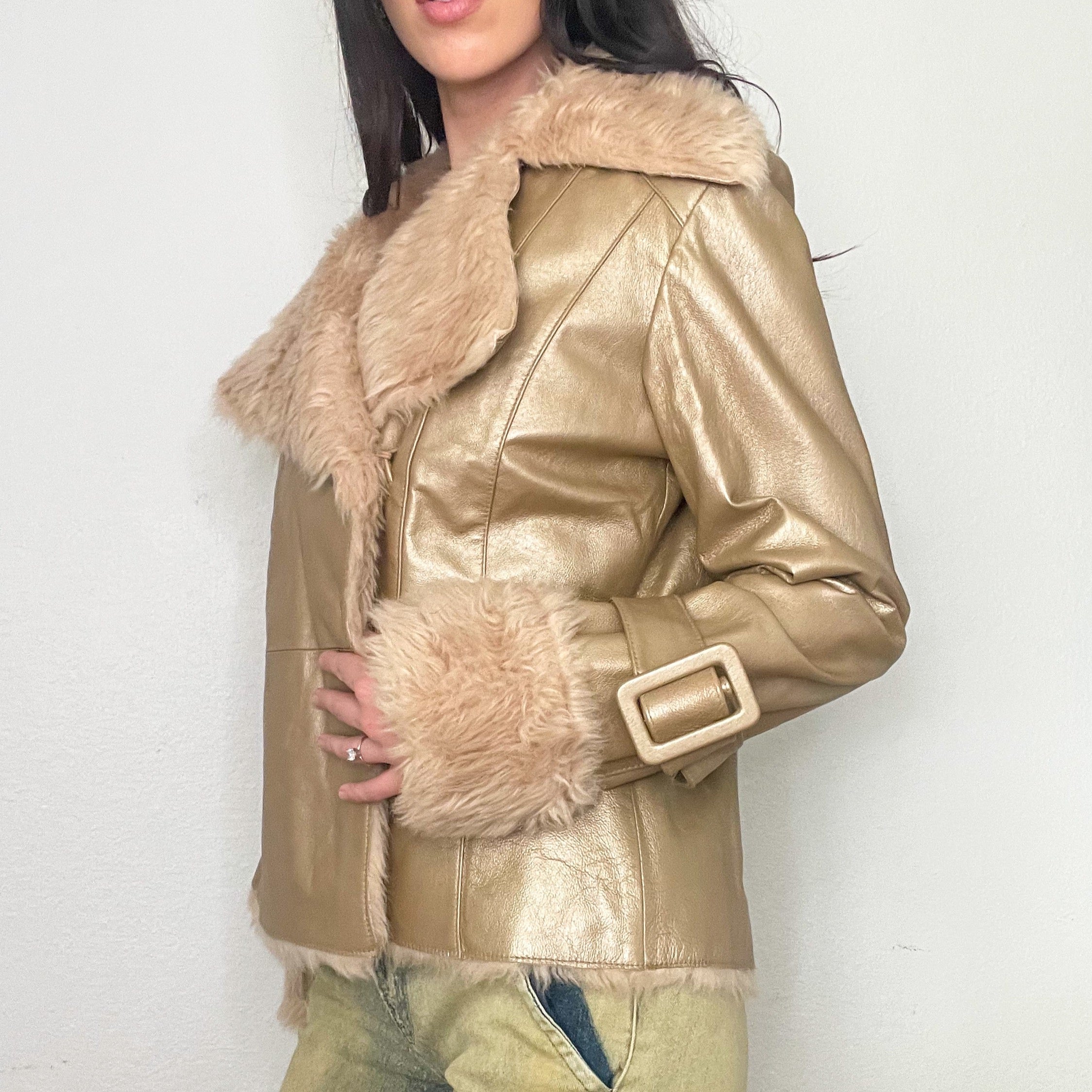 Gold Faux Fur Penny Lane Coat (M)