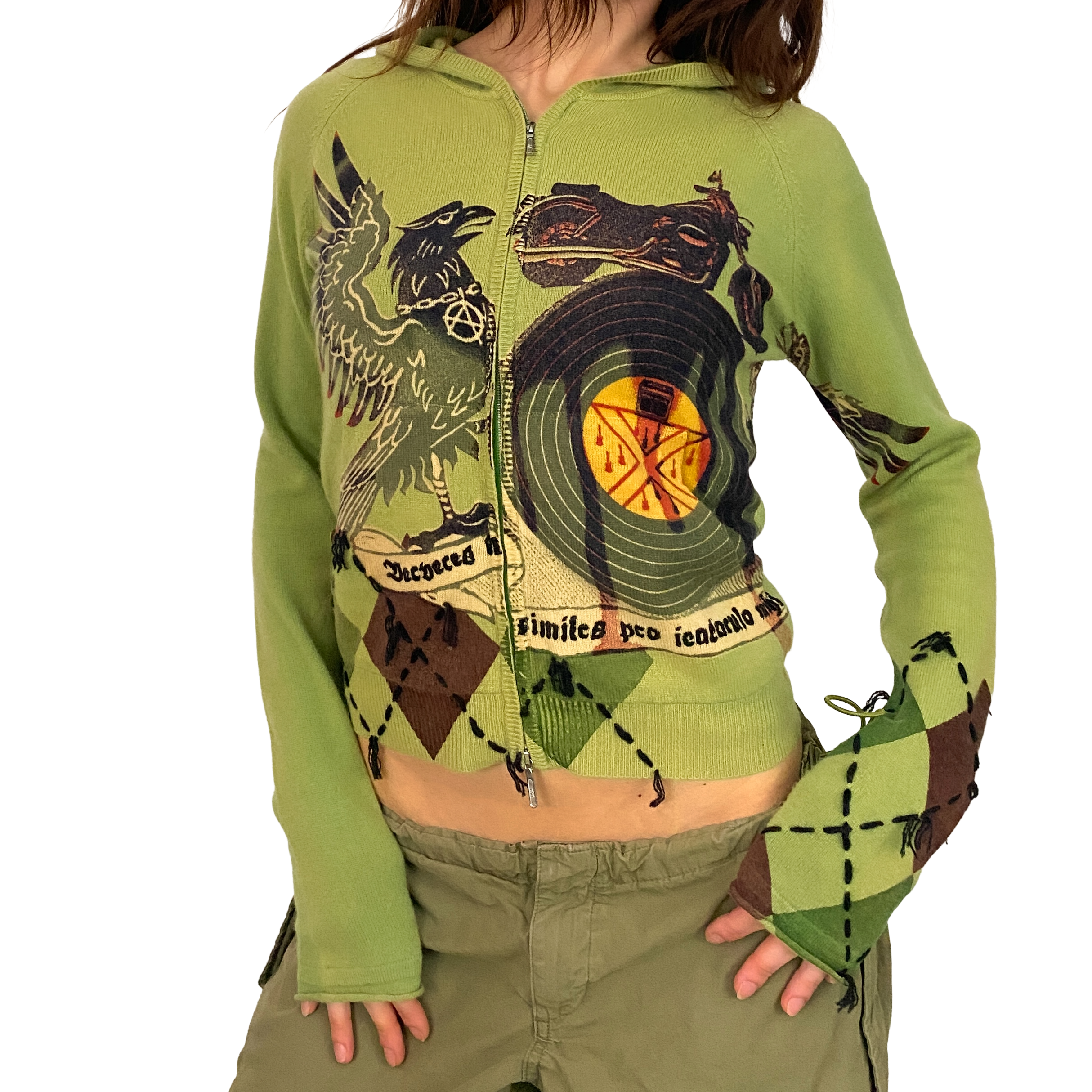 100% Cashmere Green Argyle Gothic Double-Zip Sweater (S/M)