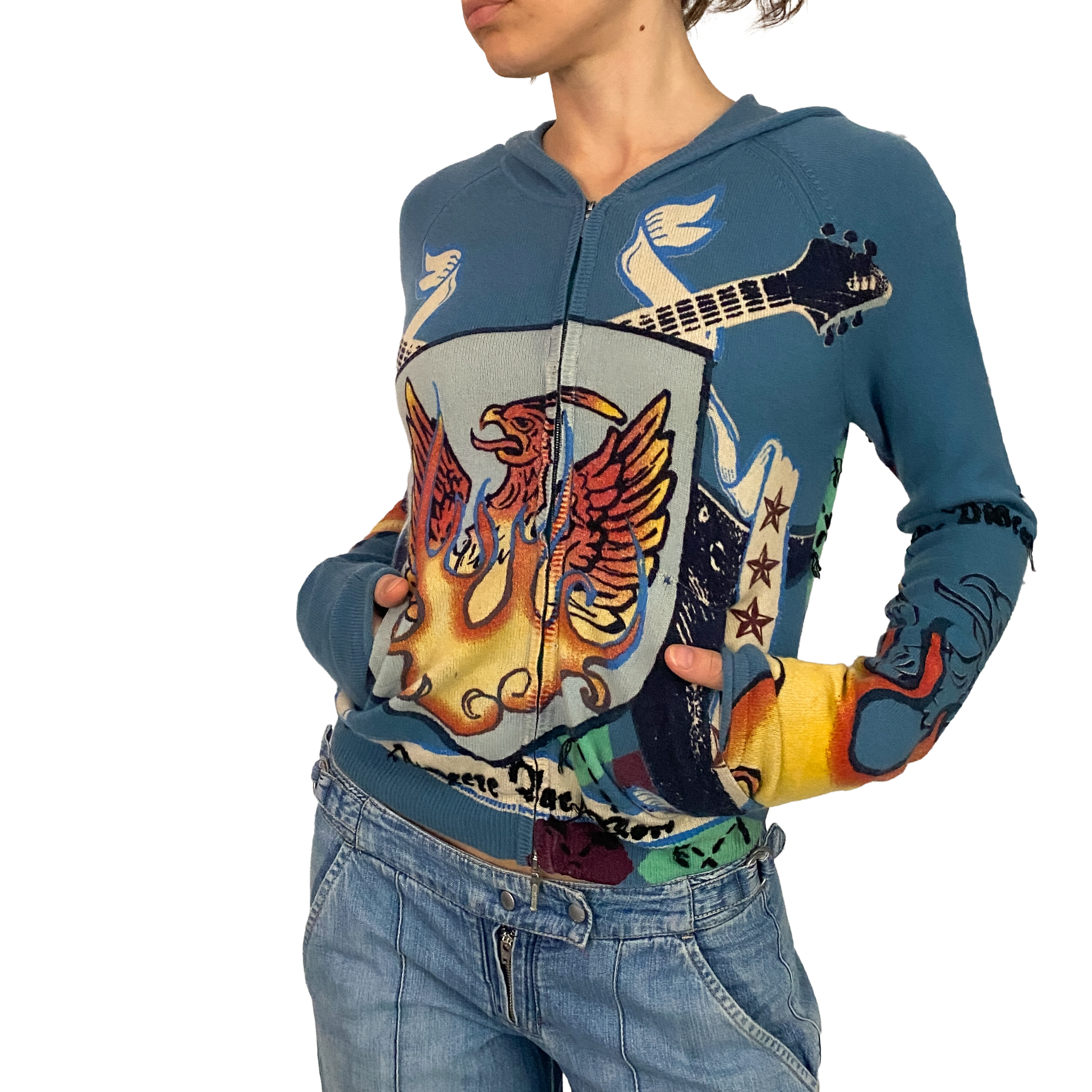 100% Cashmere Blue Flames Gothic Double-Zip Sweater (S/M)