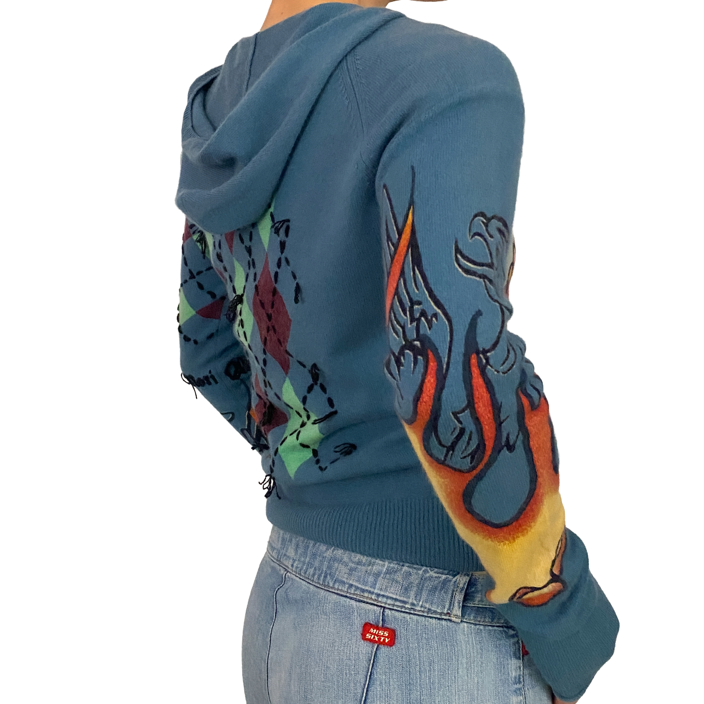 100% Cashmere Blue Flames Gothic Double-Zip Sweater (S/M)
