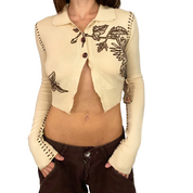 Butterfly + Flower Embroidered Cashmere Cropped Sweater (XS/S)