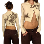 Butterfly + Flower Embroidered Cashmere Cropped Sweater (XS/S)