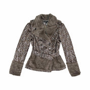 Gray Snake Print Faux Fur Trim Belted Jacket (l)