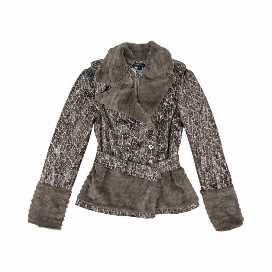 Gray Snake Print Faux Fur Trim Belted Jacket (l)