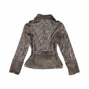 Gray Snake Print Faux Fur Trim Belted Jacket (l)