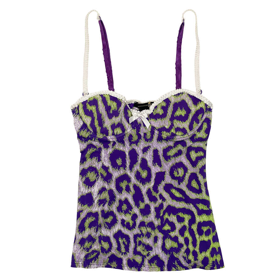 Just Cavalli Purple + Lime Leopard Bustier Top (XS)