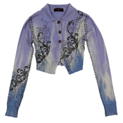 100% Cashmere Lavender + Blue Flower Embroidered Cropped Sweater (XS/S)