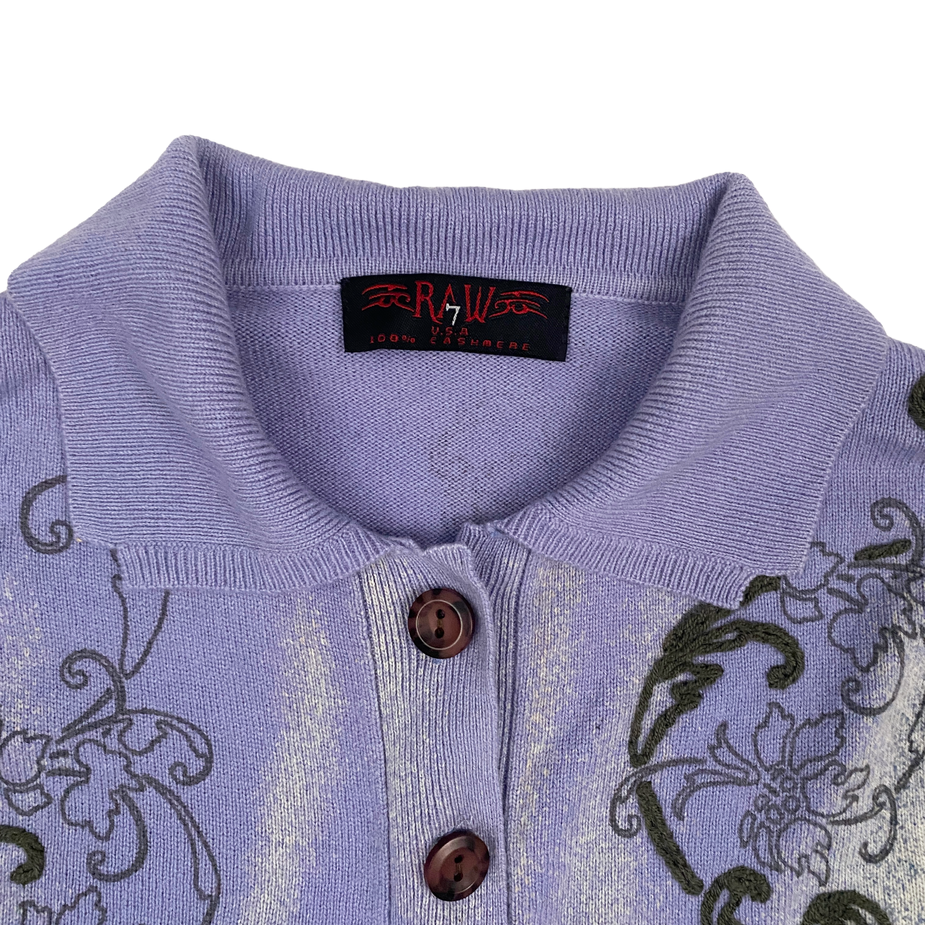 100% Cashmere Lavender + Blue Flower Embroidered Cropped Sweater (XS/S)
