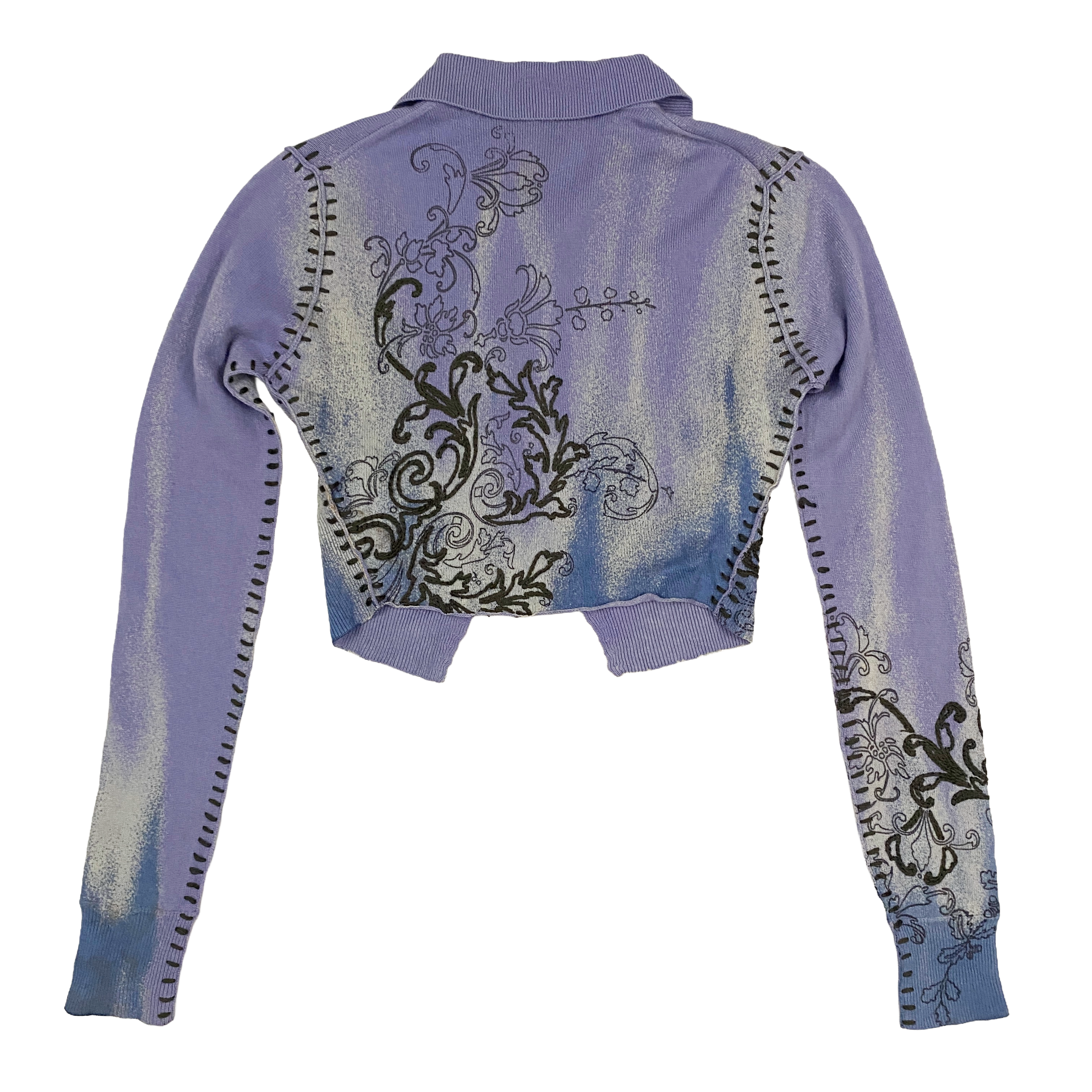 100% Cashmere Lavender + Blue Flower Embroidered Cropped Sweater (XS/S)