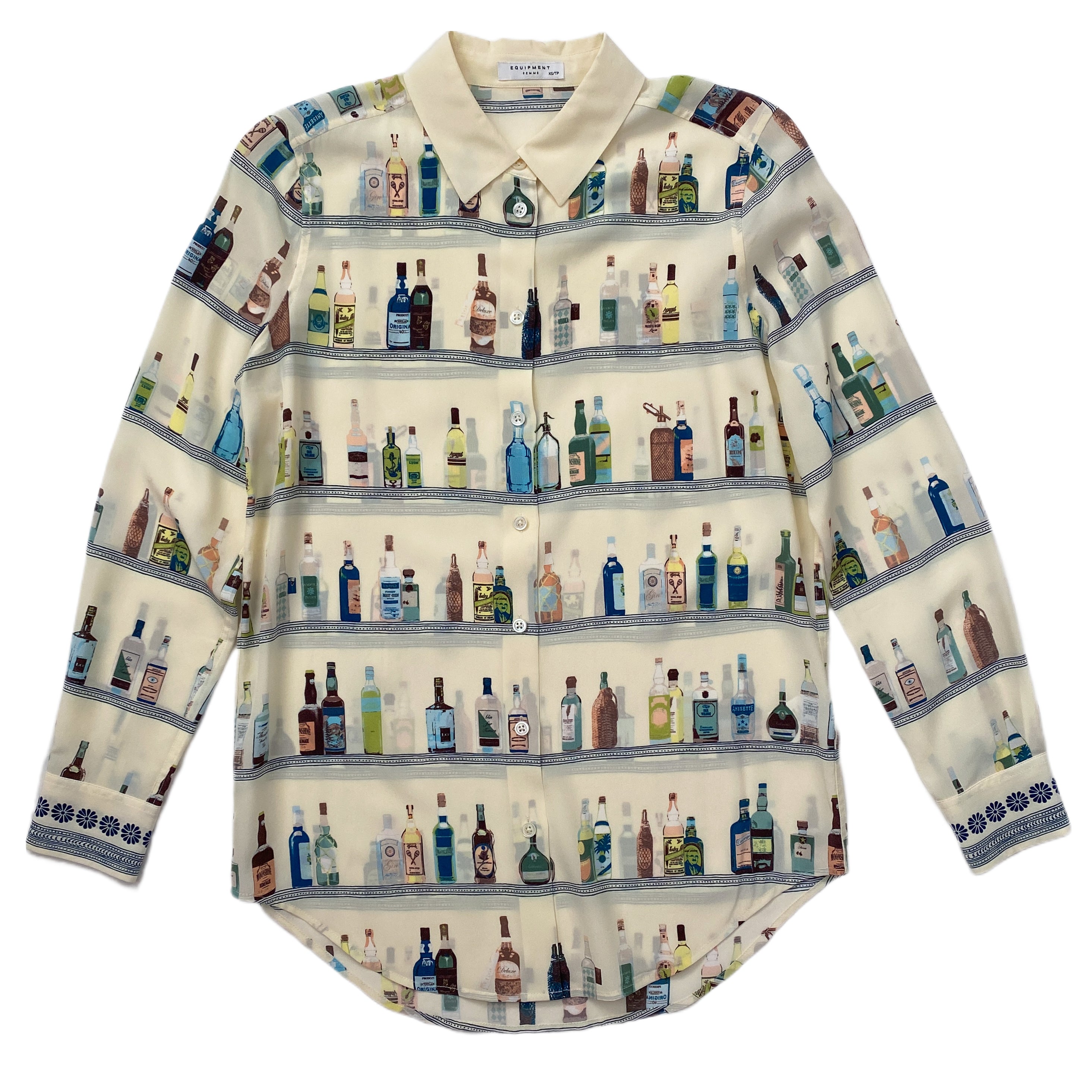 Happy Hour Bottle Print Silk Blouse (XS/S)