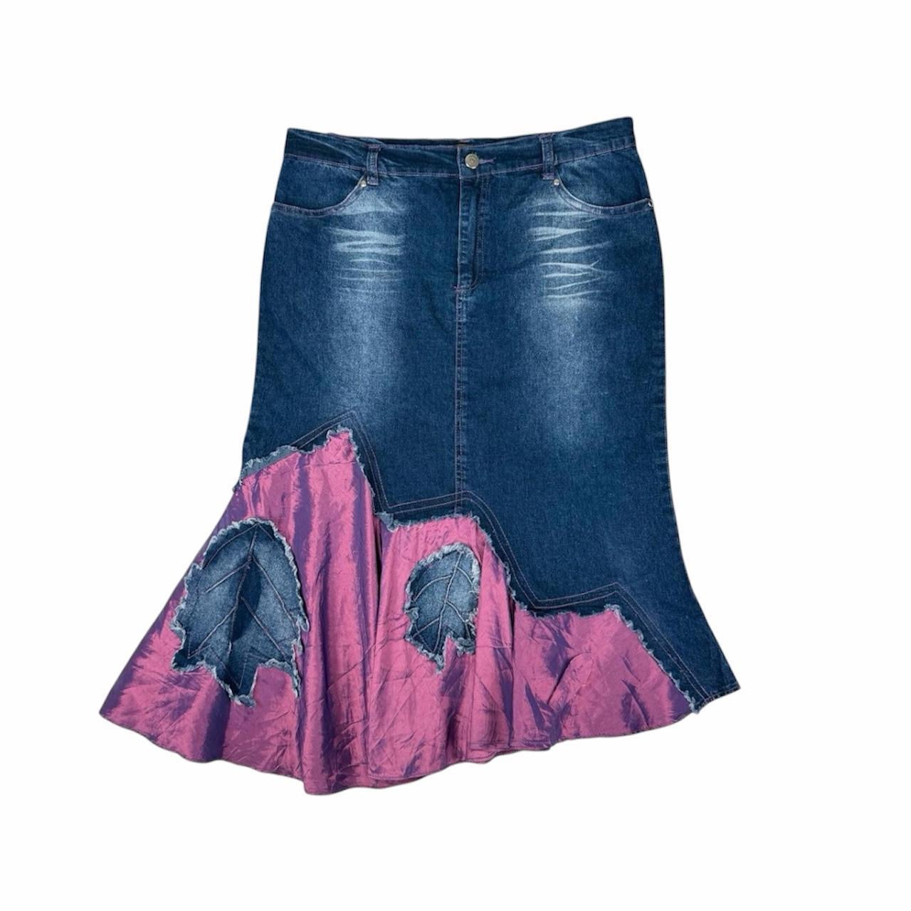 Y2K Midi Denim Skirt with Leaf Appliqués (m)