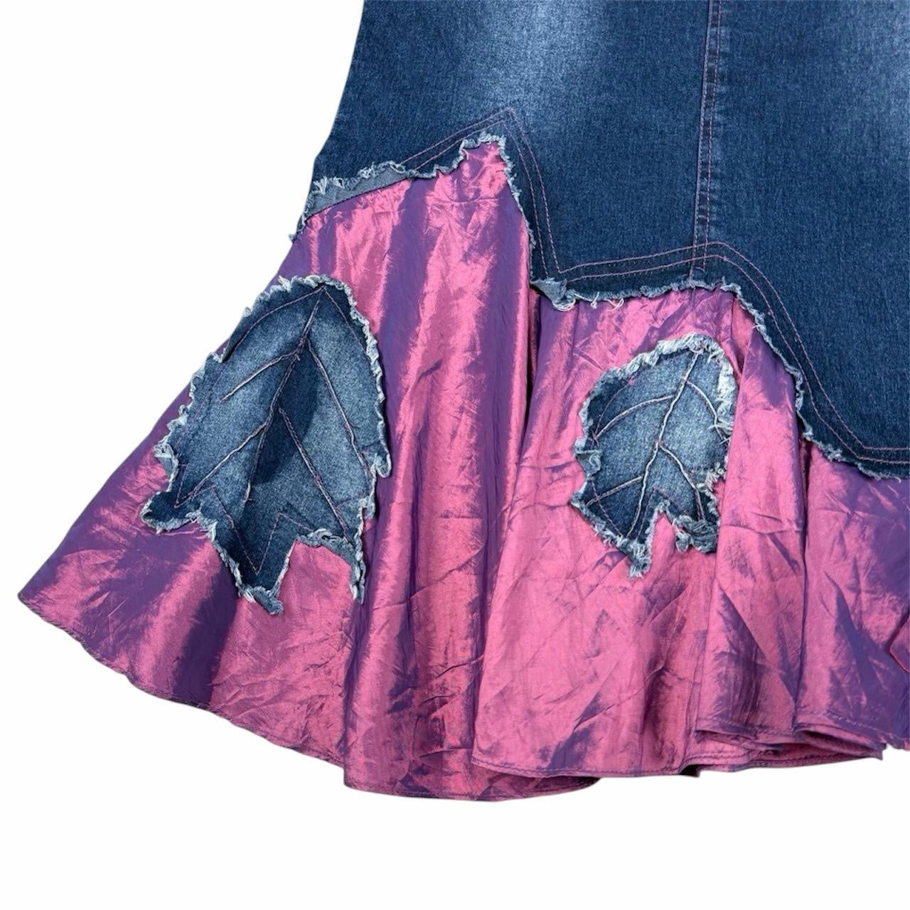 Y2K Midi Denim Skirt with Leaf Appliqués (m)