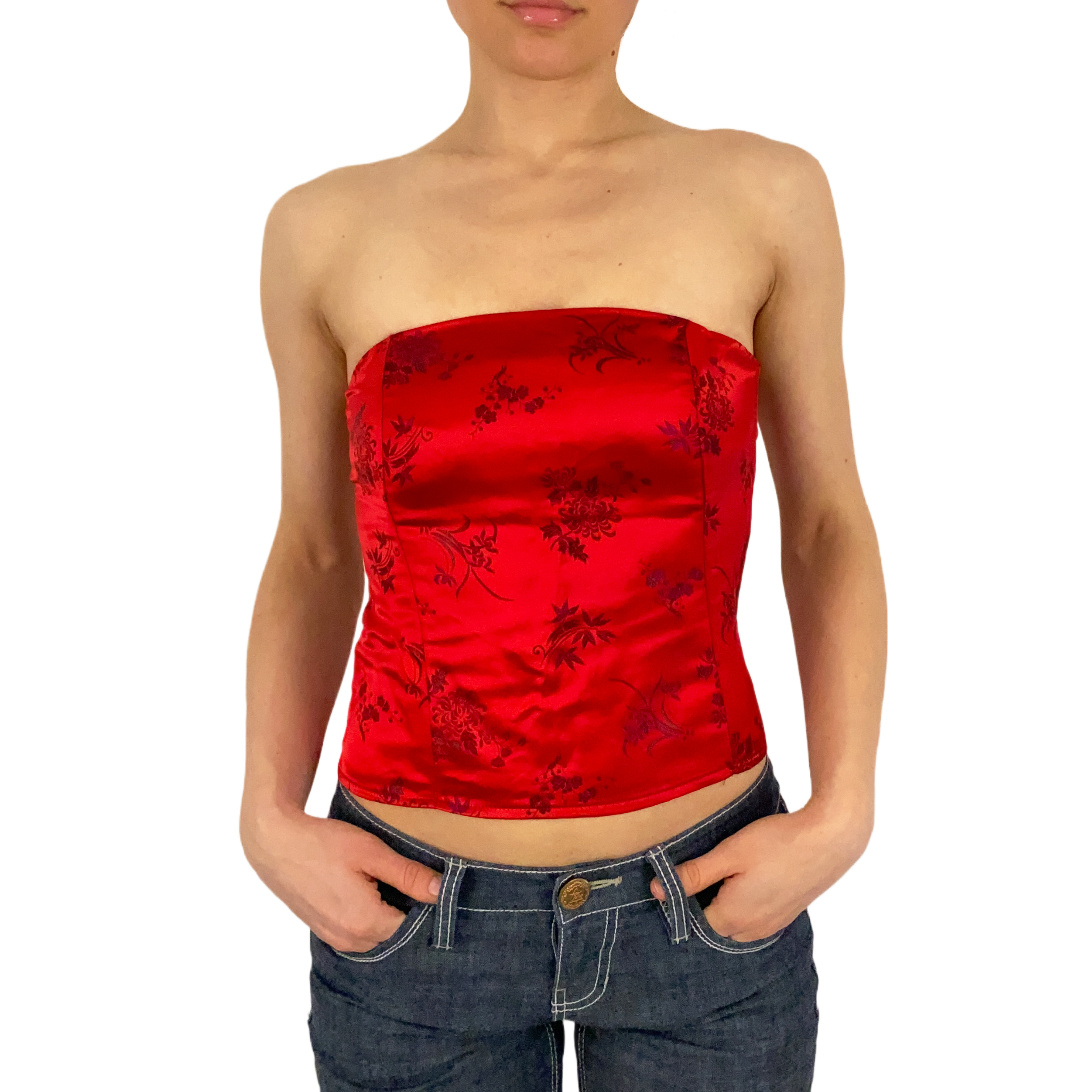 Red Satin Floral Corset Top (XS/S)