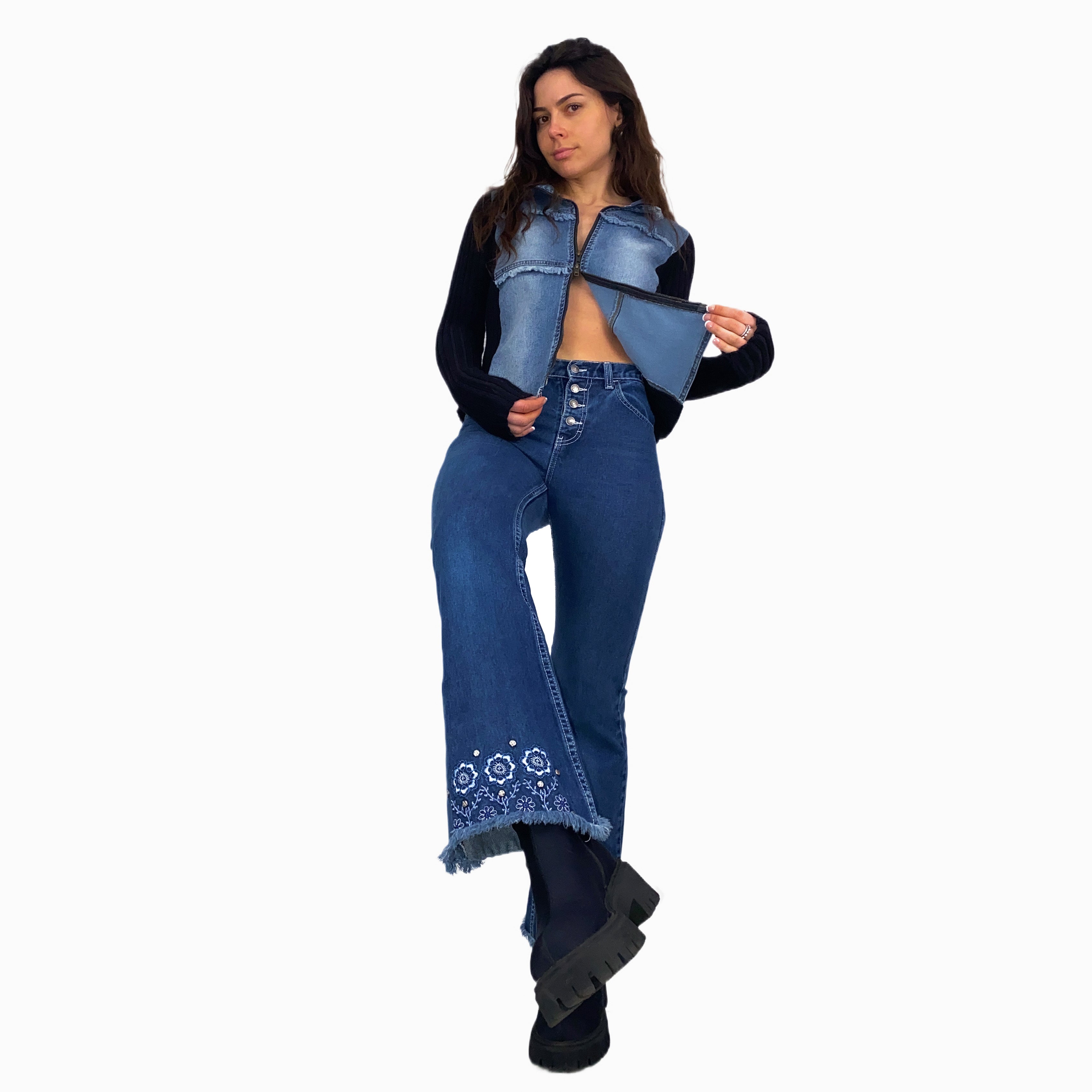 Double Zip Denim Knit Top (S)