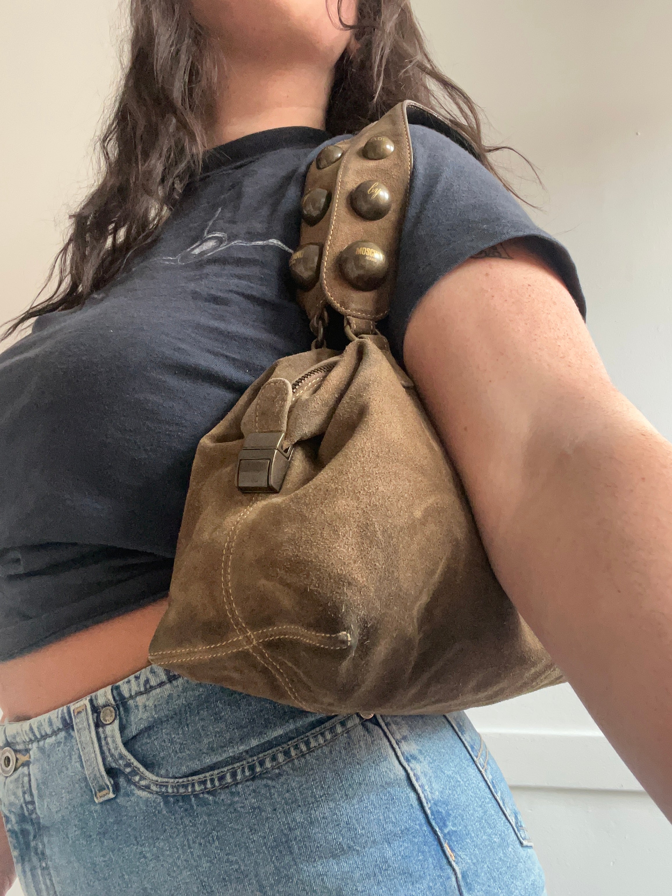 Y2K Genuine Suede Moschino Studded Shoulder Bag