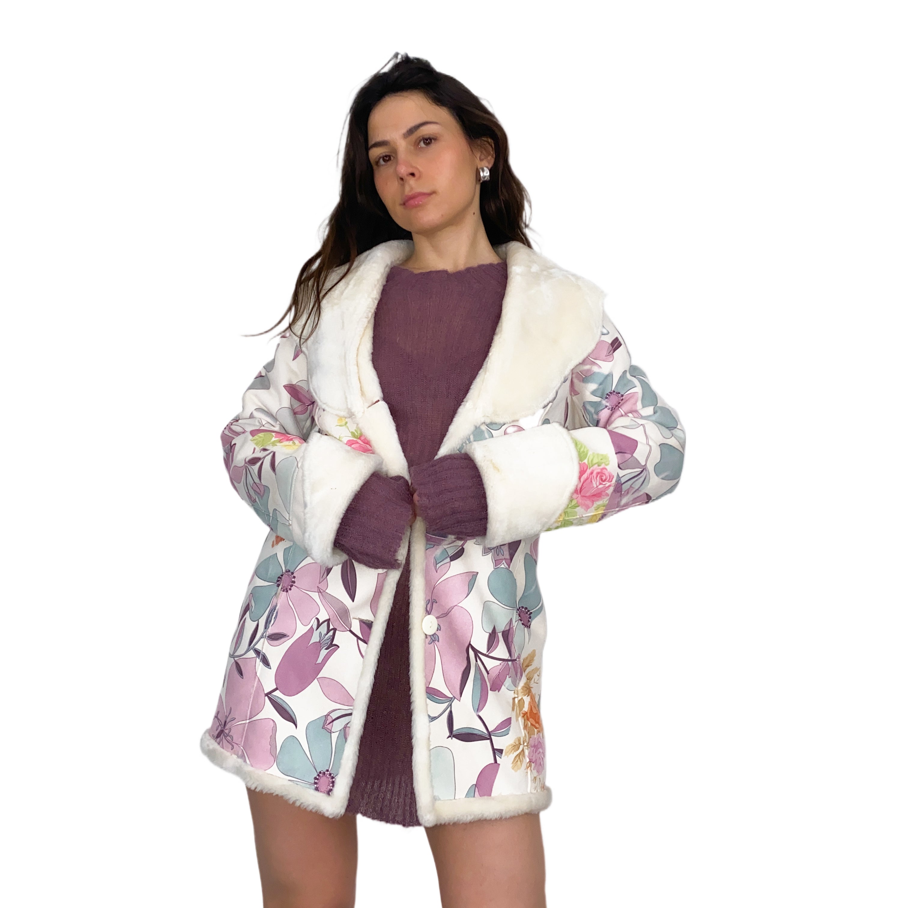 White Floral Faux Fur and Suede Penny Lane (M)