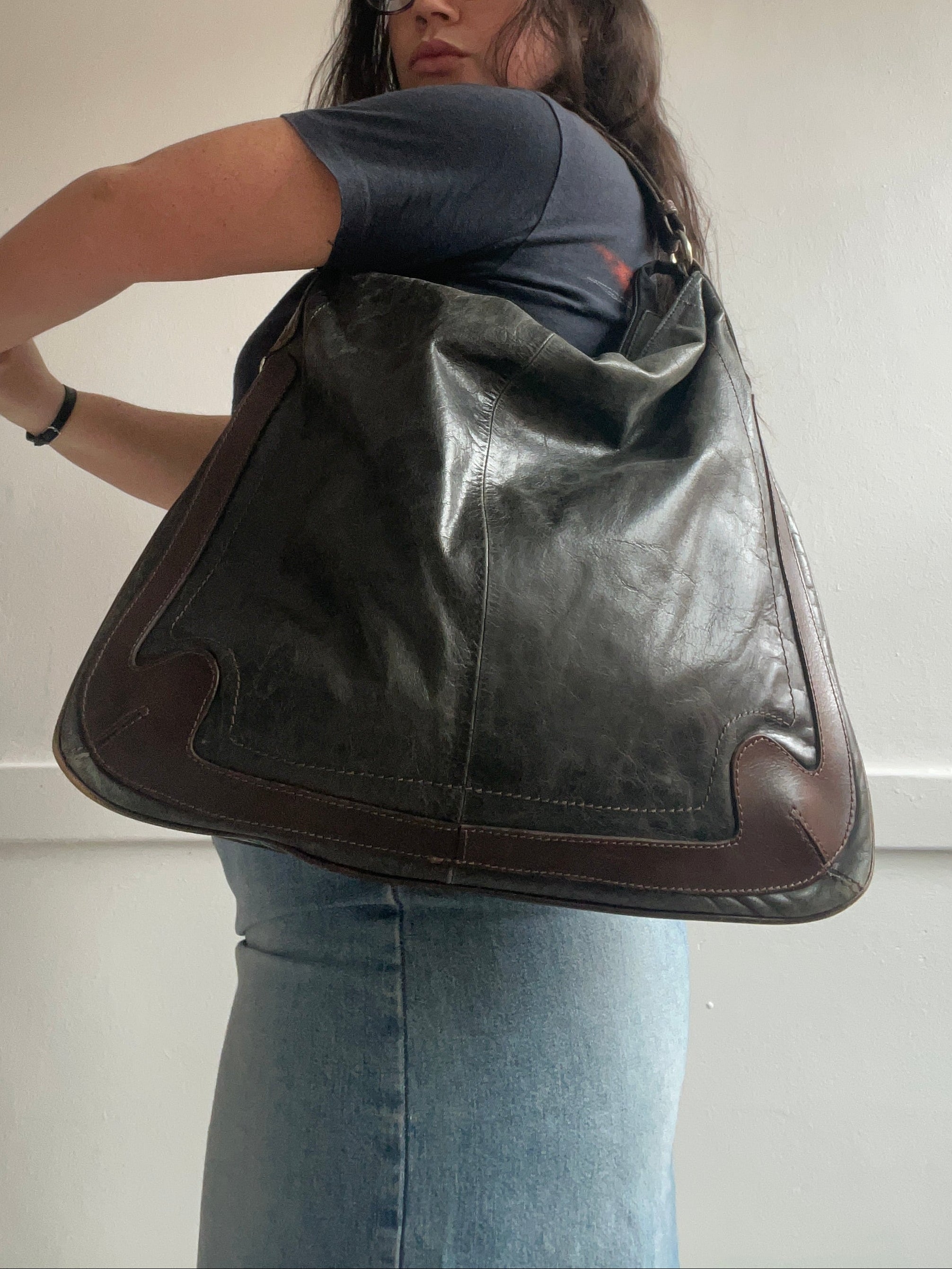 Y2K Genuine Leather Slouchy Hobo Shoulder Bag