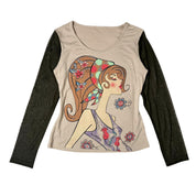 J-Fashion Graphic Mesh Sleeve Top (M)