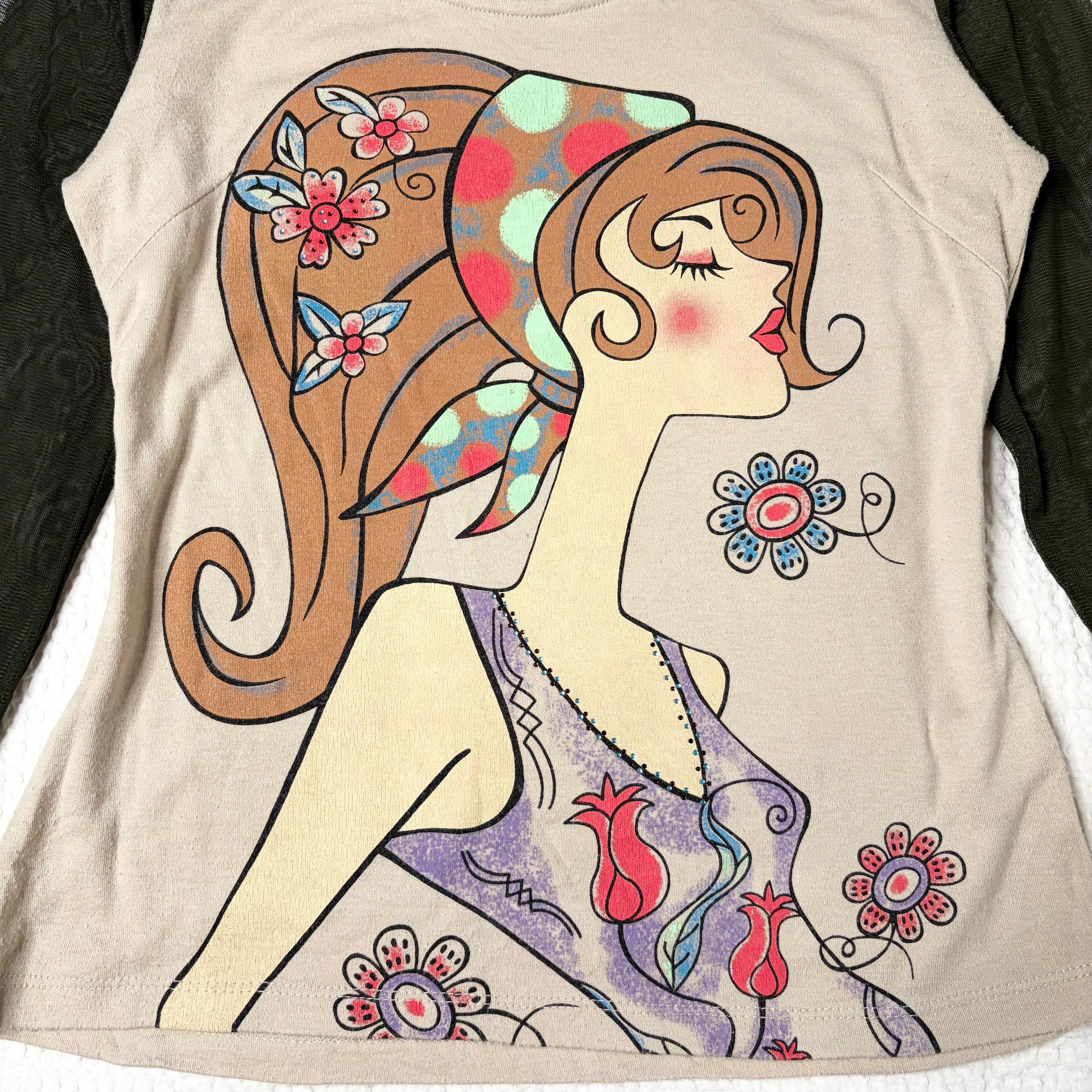 J-Fashion Graphic Mesh Sleeve Top (M)