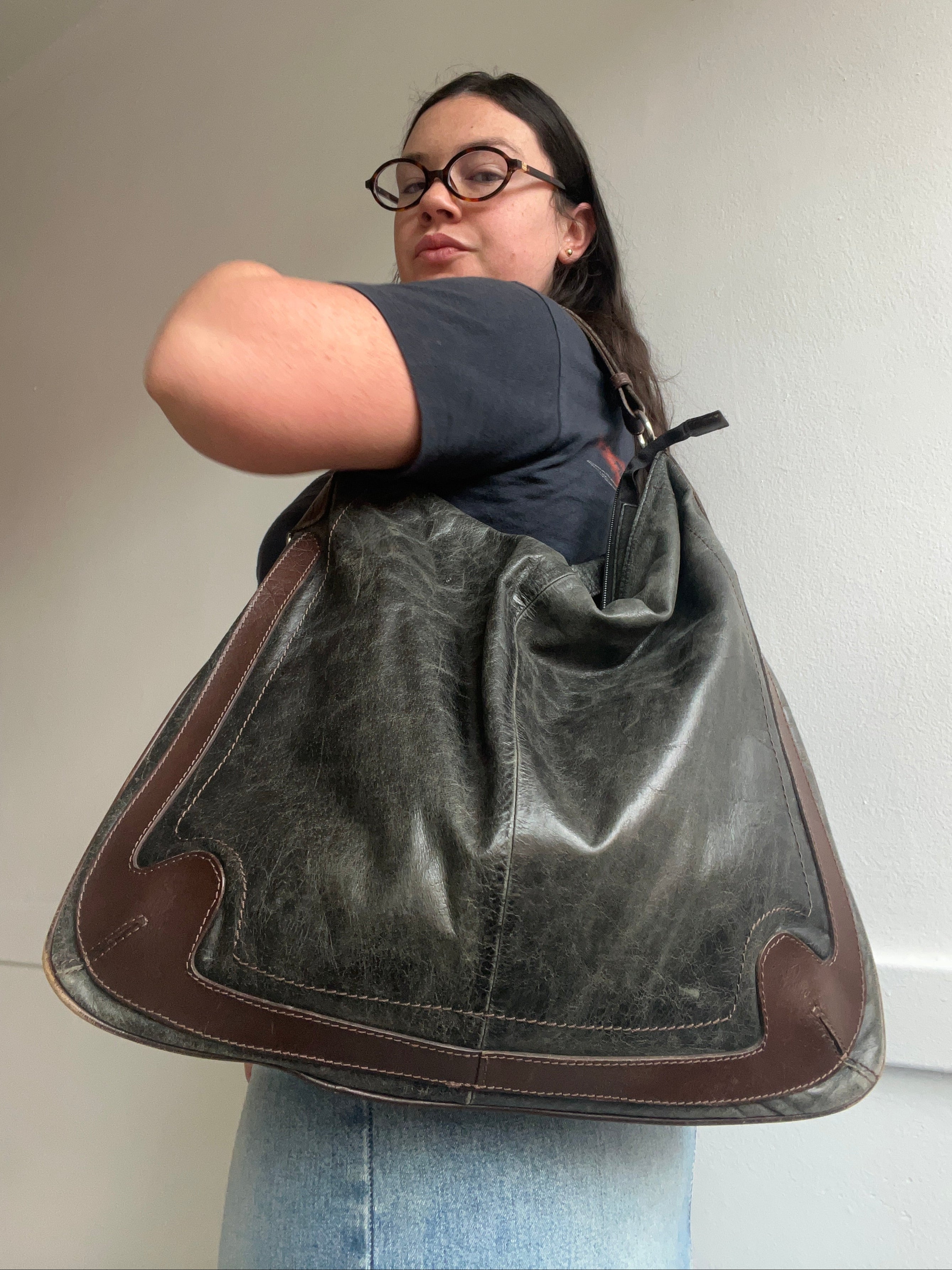 Y2K Genuine Leather Slouchy Hobo Shoulder Bag