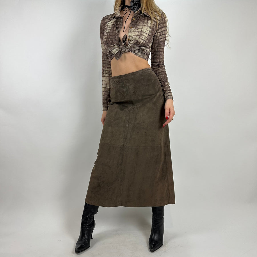 Vintage 90s Brown Suede Maxi Skirt (XS/S)