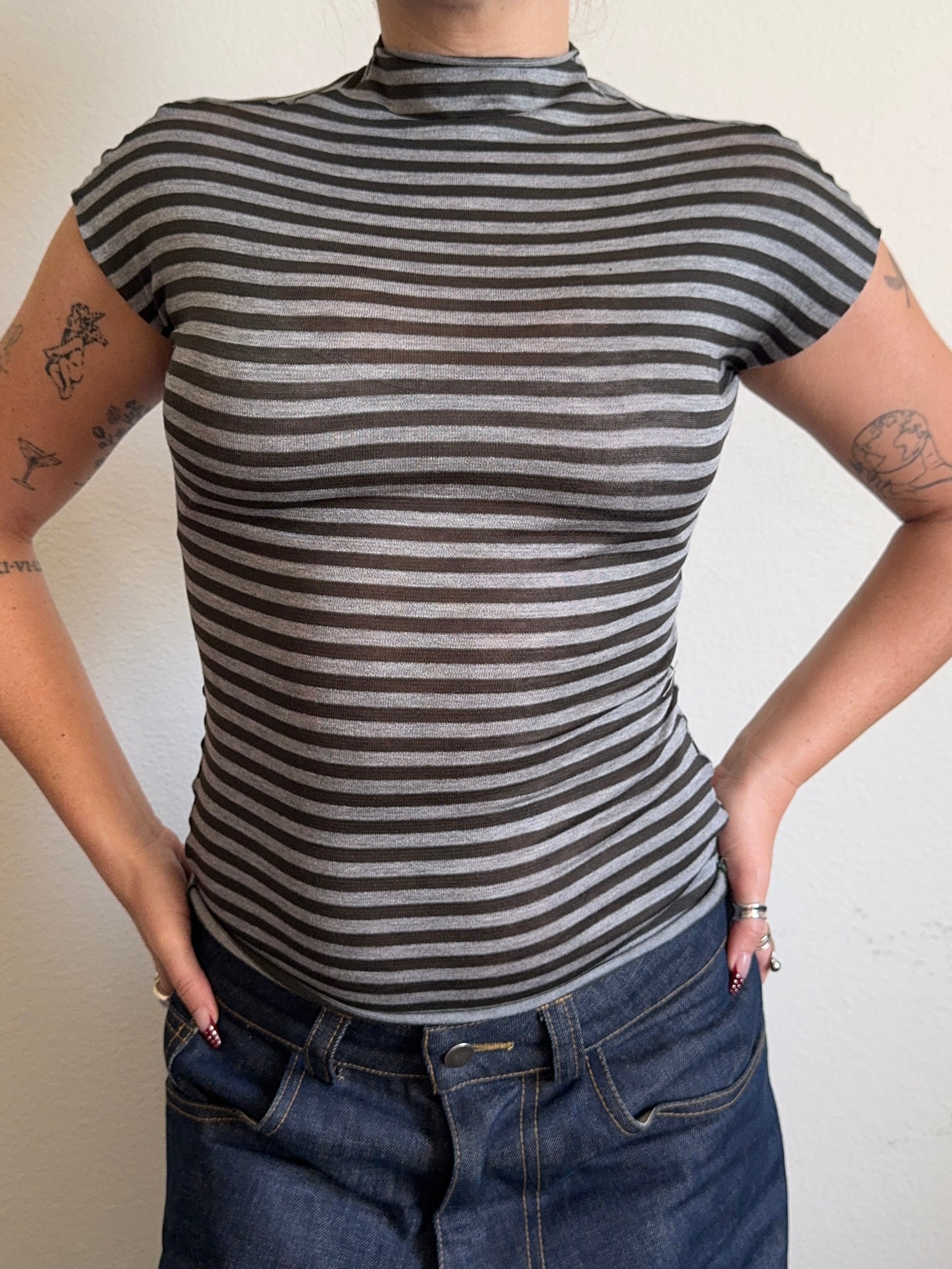 The Forest Green Striped Mock Neck Tee (XS-XL)