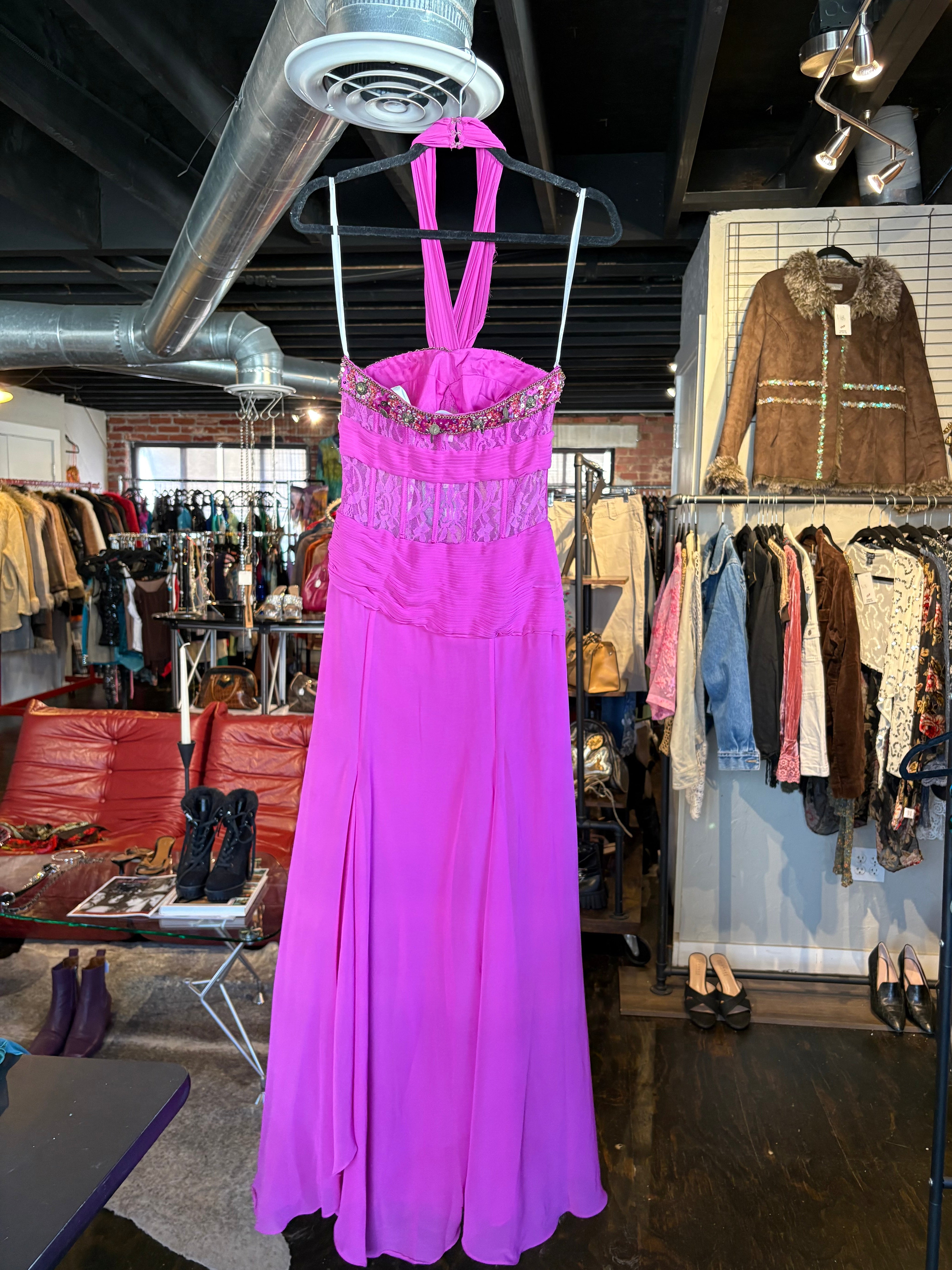 Magenta Ornate Halter-Neck Gown (S)