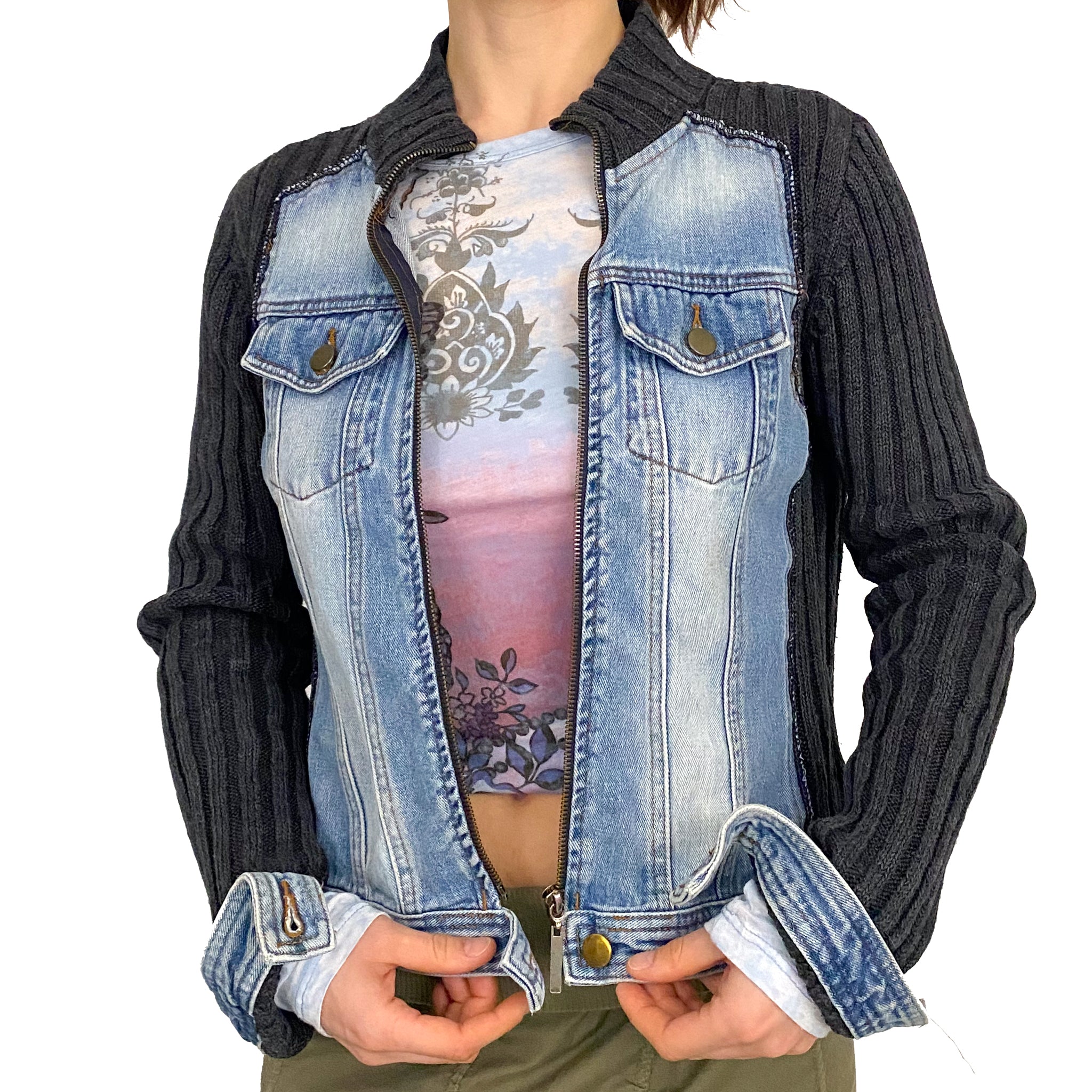 Denim Knit Zip-Up Cardigan (S)