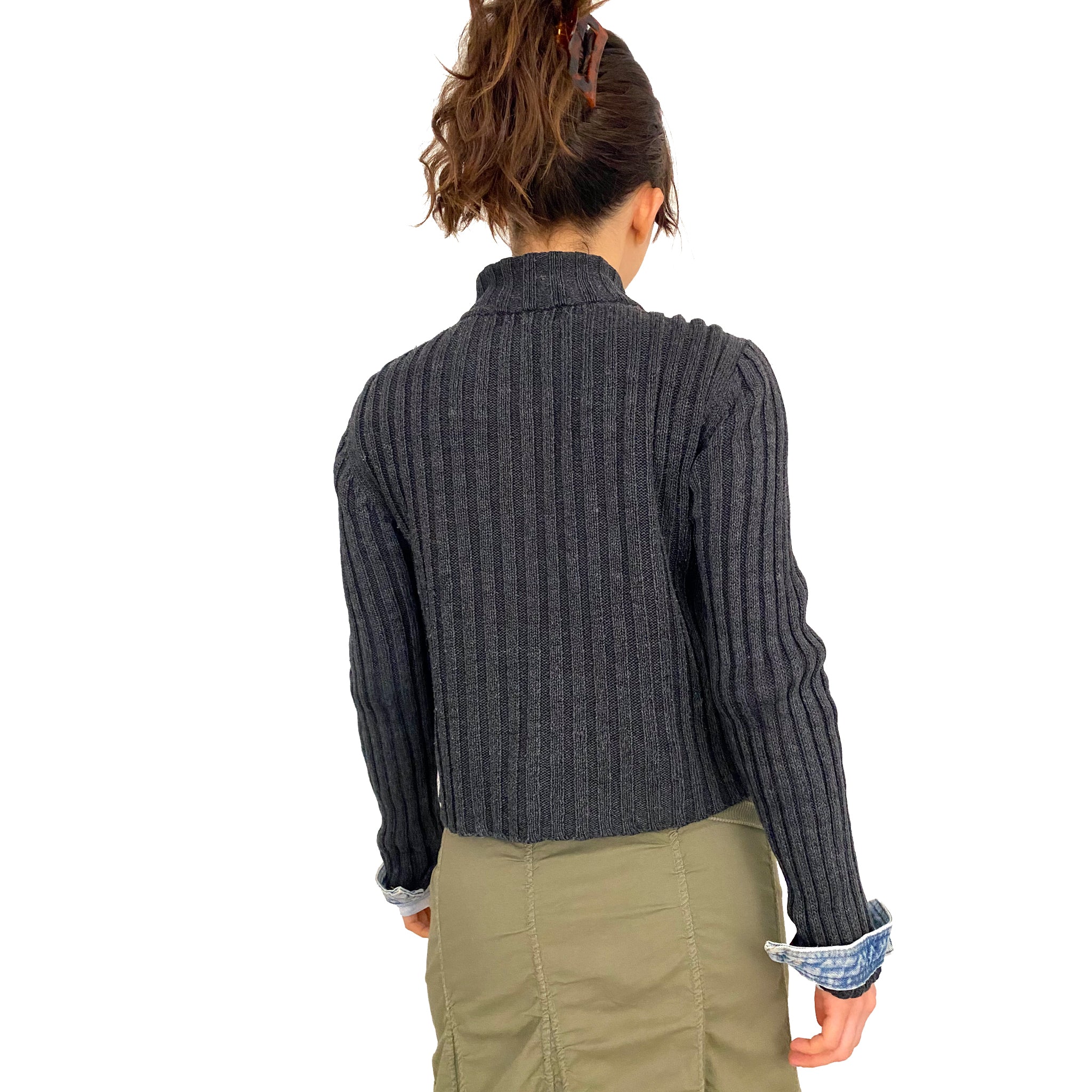 Denim Knit Zip-Up Cardigan (S)