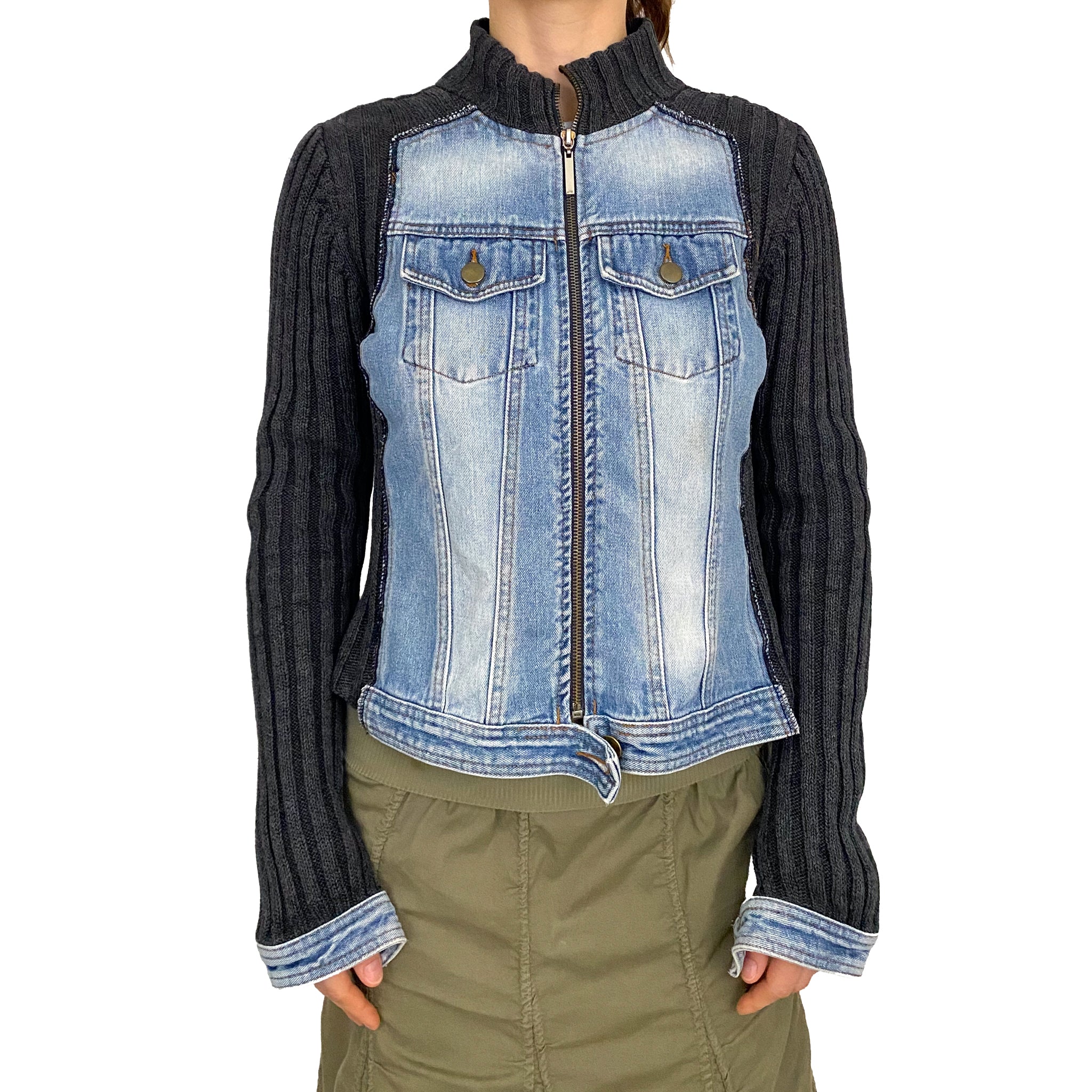 Denim Knit Zip-Up Cardigan (S)