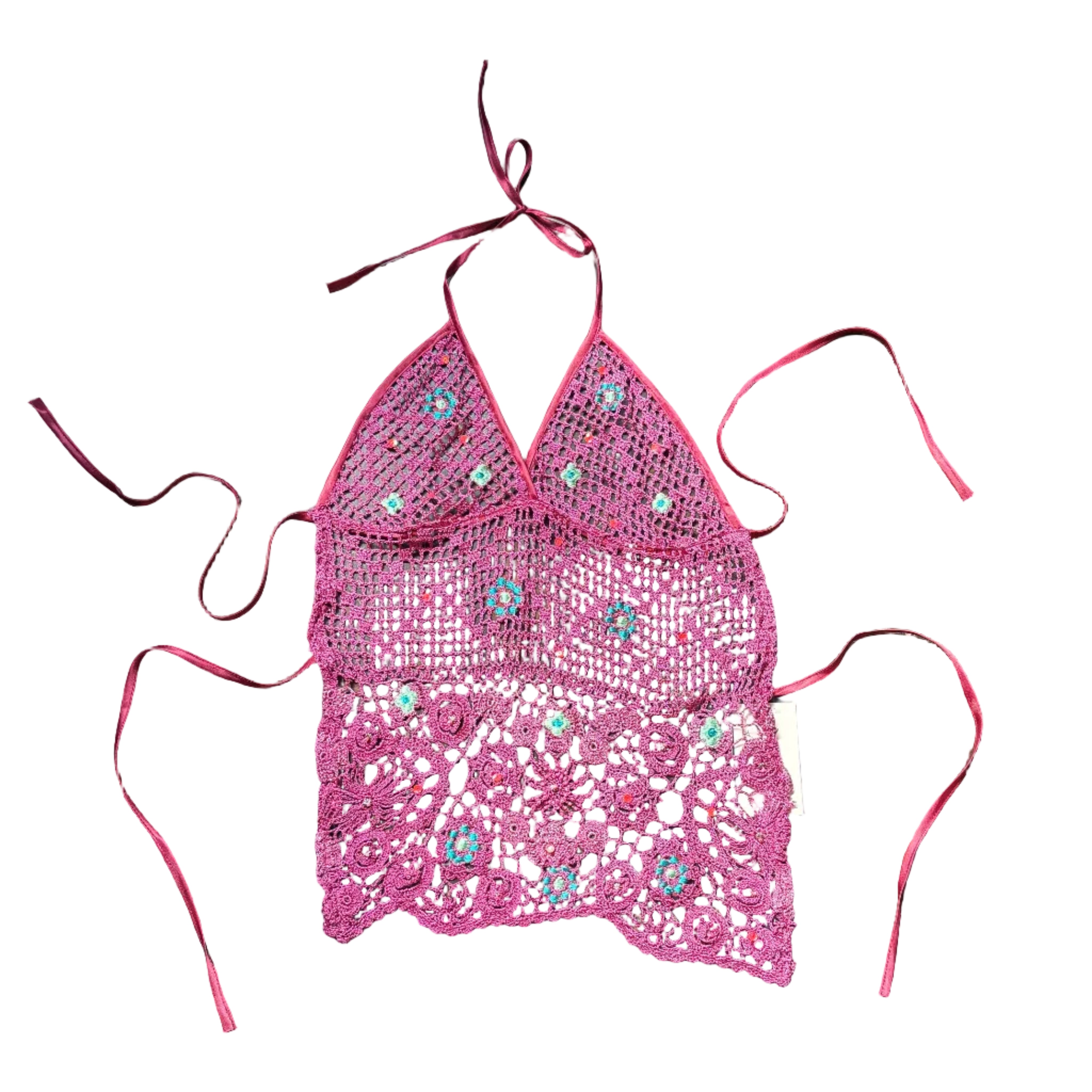 Magenta Mermaid Beaded Crochet Top (S)