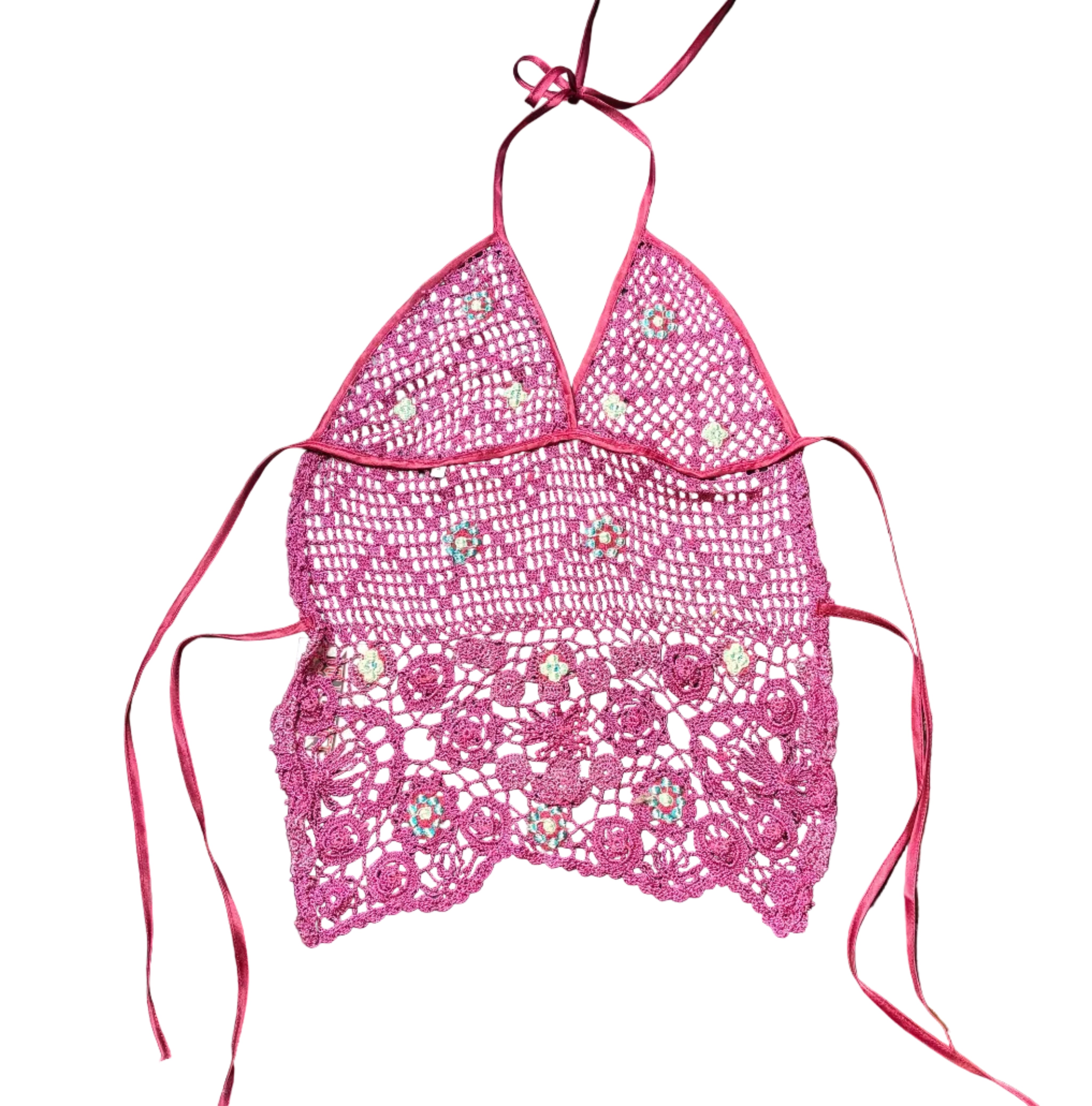 Magenta Mermaid Beaded Crochet Top (S)