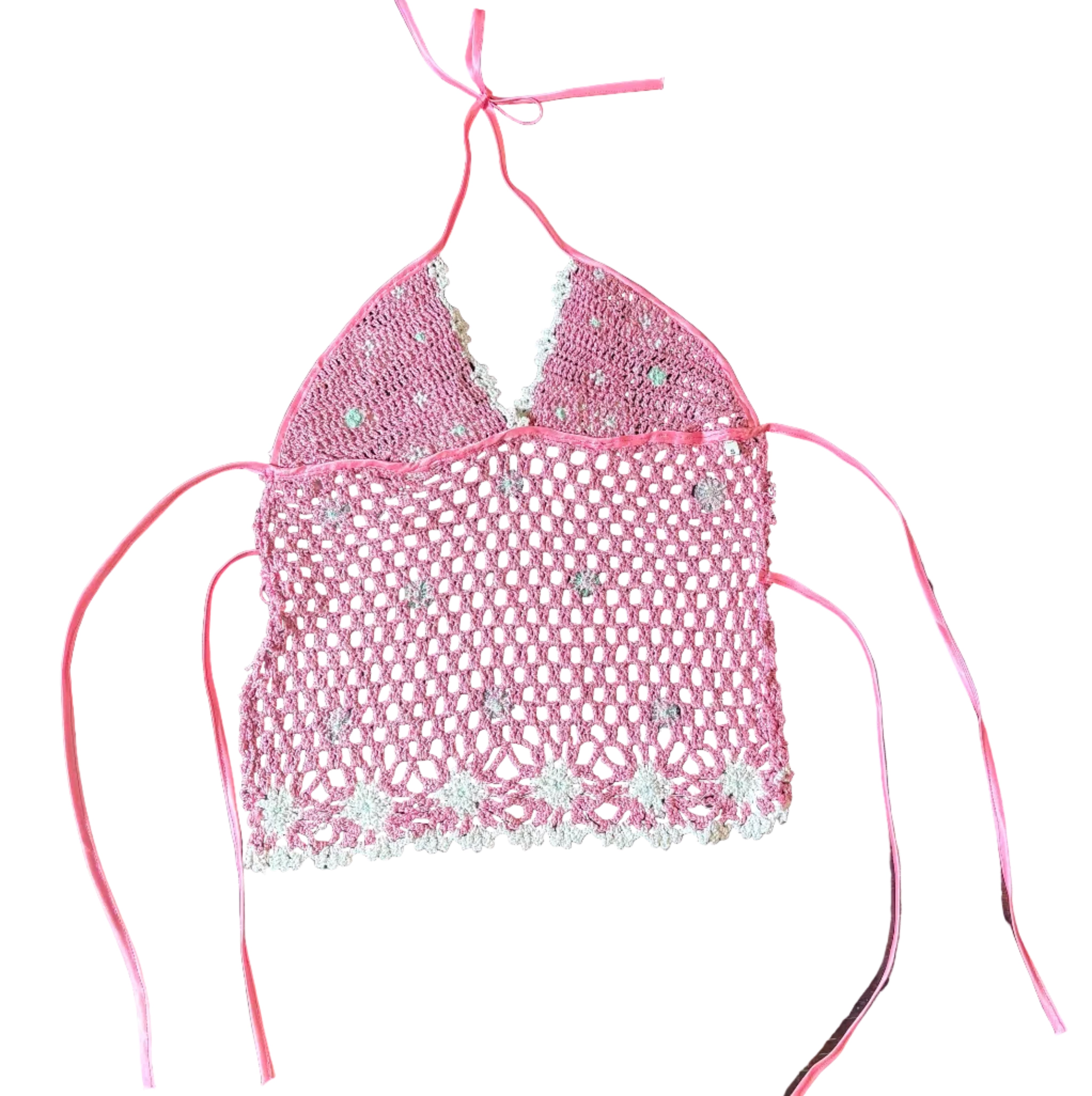 Pink Mermaid Beaded Crochet Top (S)