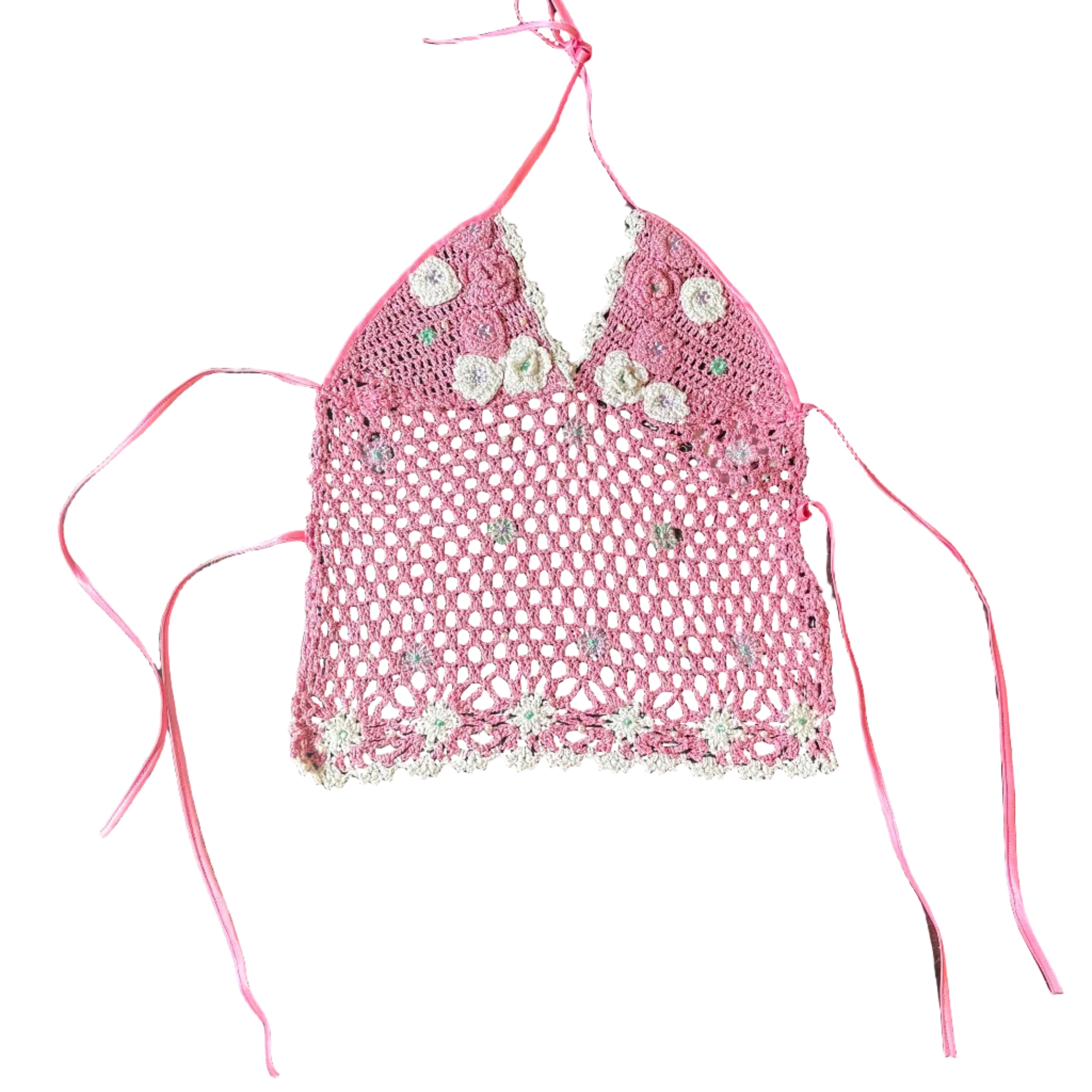 Pink Mermaid Beaded Crochet Top (S)