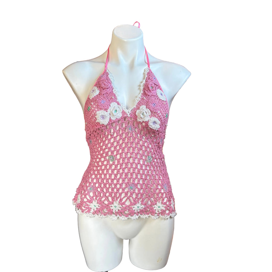 Pink Mermaid Beaded Crochet Top (S)