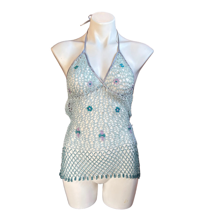 Blue Mermaid Beaded Crochet Top (S)