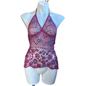 Magenta Mermaid Beaded Crochet Top (S)