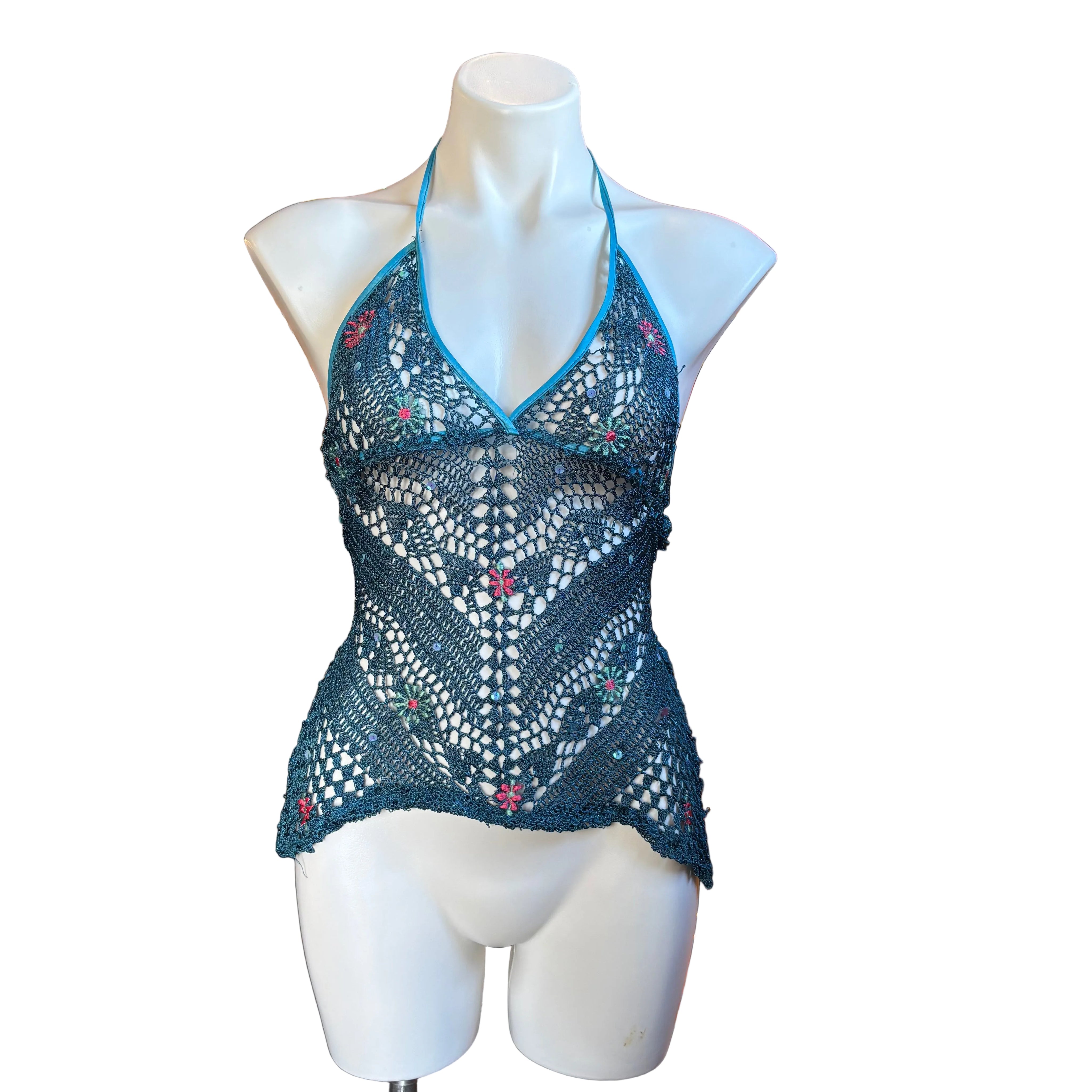 Indigo Mermaid Beaded Crochet Top (M)