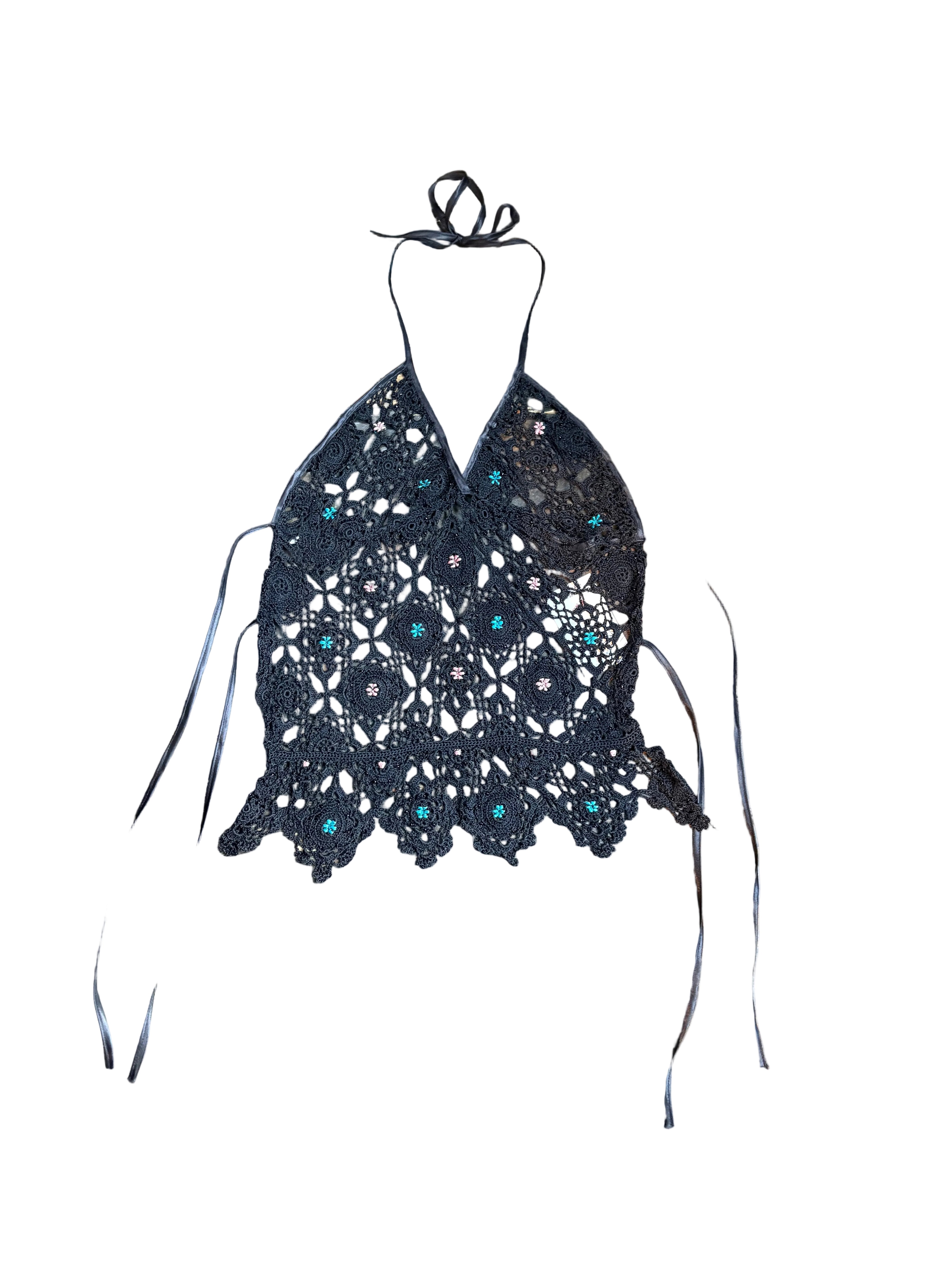 Black Mermaid Beaded Crochet Top (S)