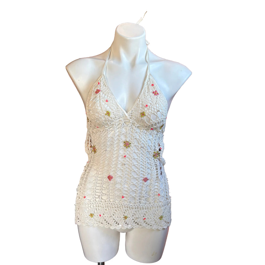 White Mermaid Beaded Crochet Top (S)