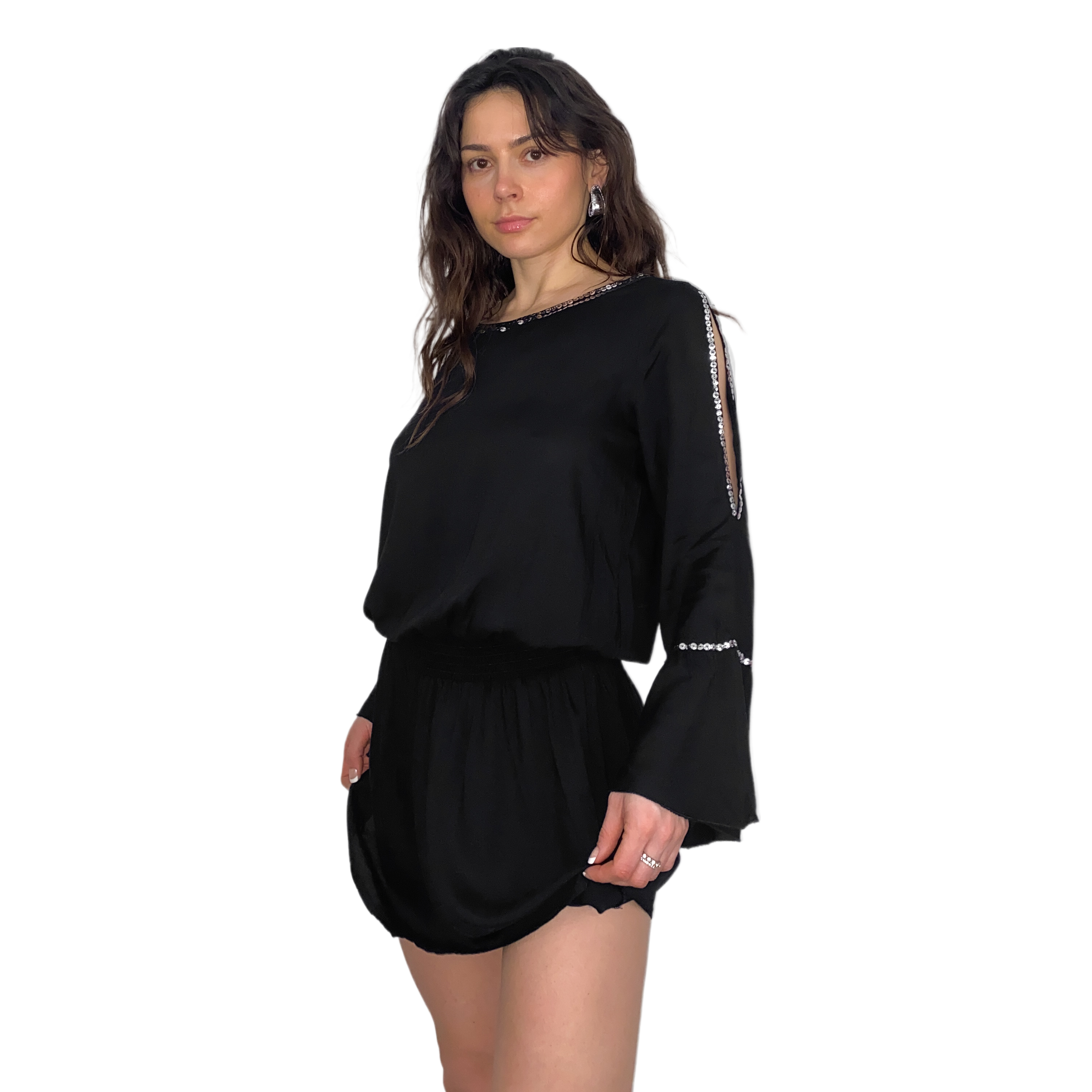 Black Boho Glam Mini Dress (M)