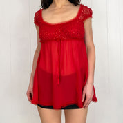 Red Mesh Sequin Babydoll Top (M)