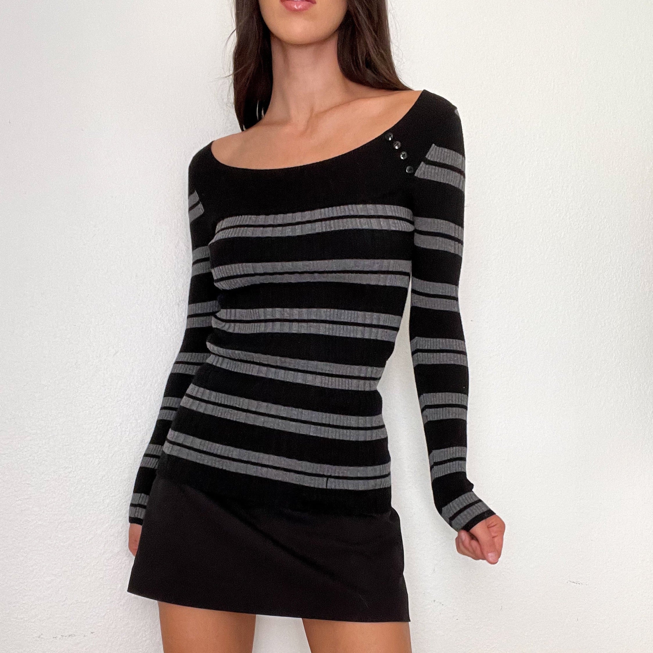 Black & Grey Knit Open Shoulder Sweater (S)