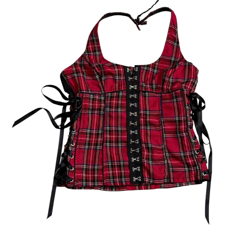 vintage Royal Bones by Daang Goodman Red Plaid Halter Corset Top (L/XL)