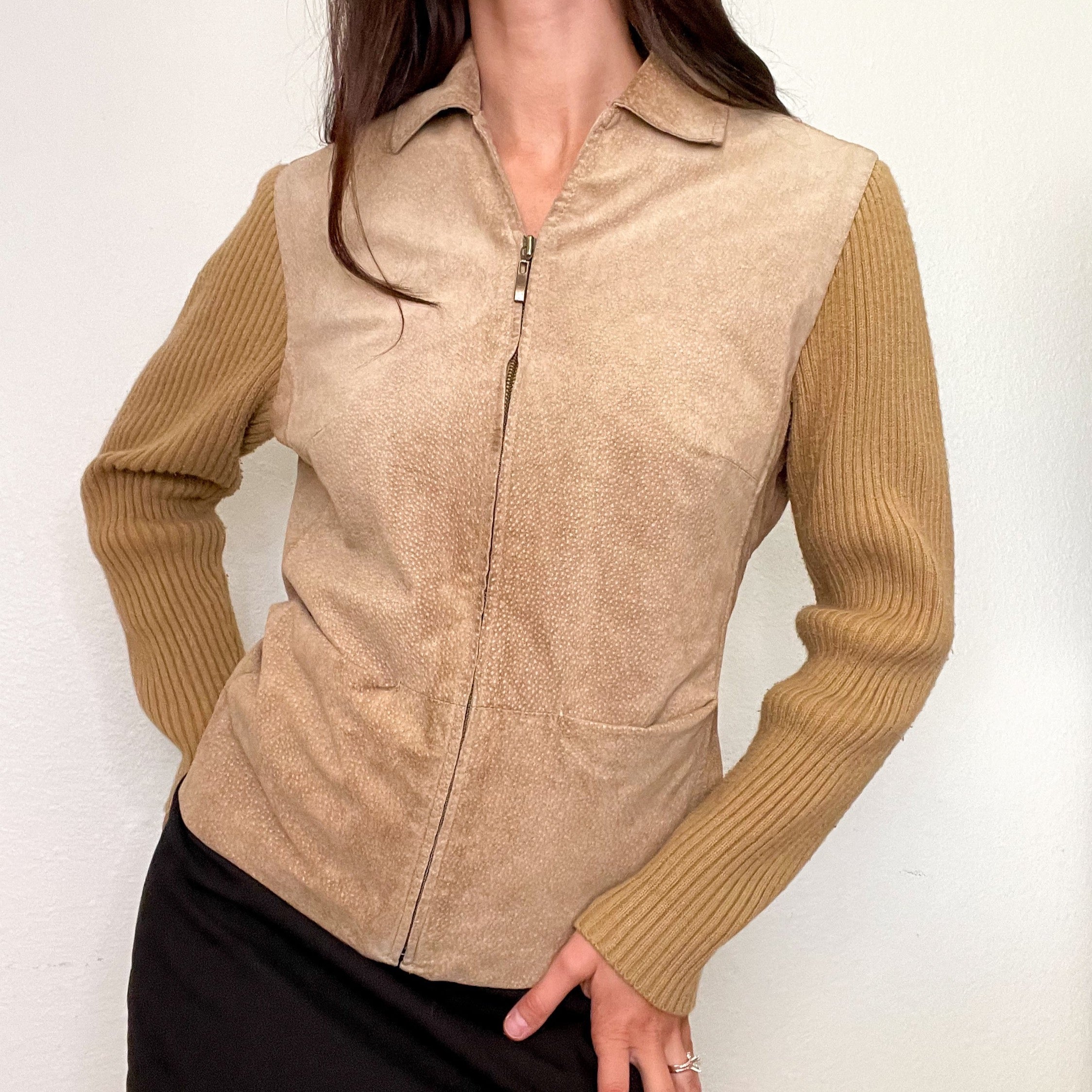 Tan 2000s Knit & Leather Zip Up Jacket (L)