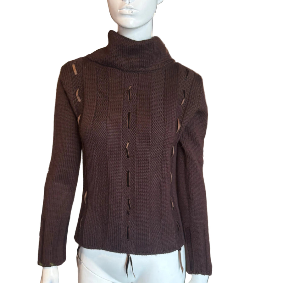 Brown Cowl Neck Ribbon Sweater (M)