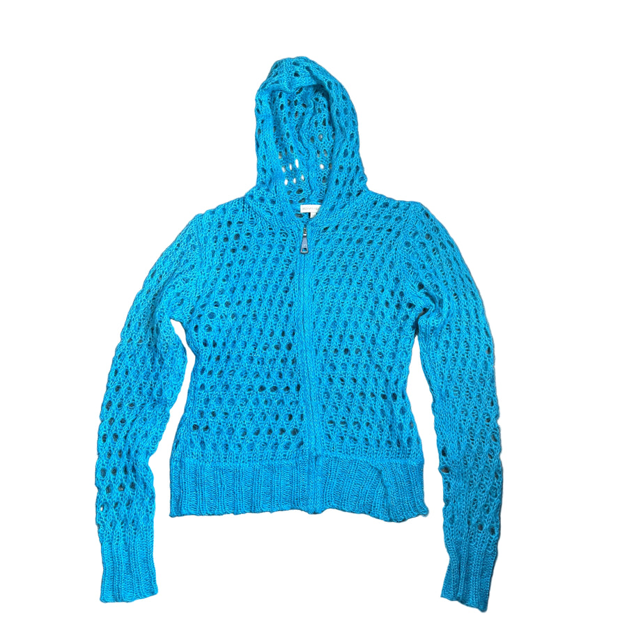 Sparkly Teal Crochet Zip-Up Sweater (M)