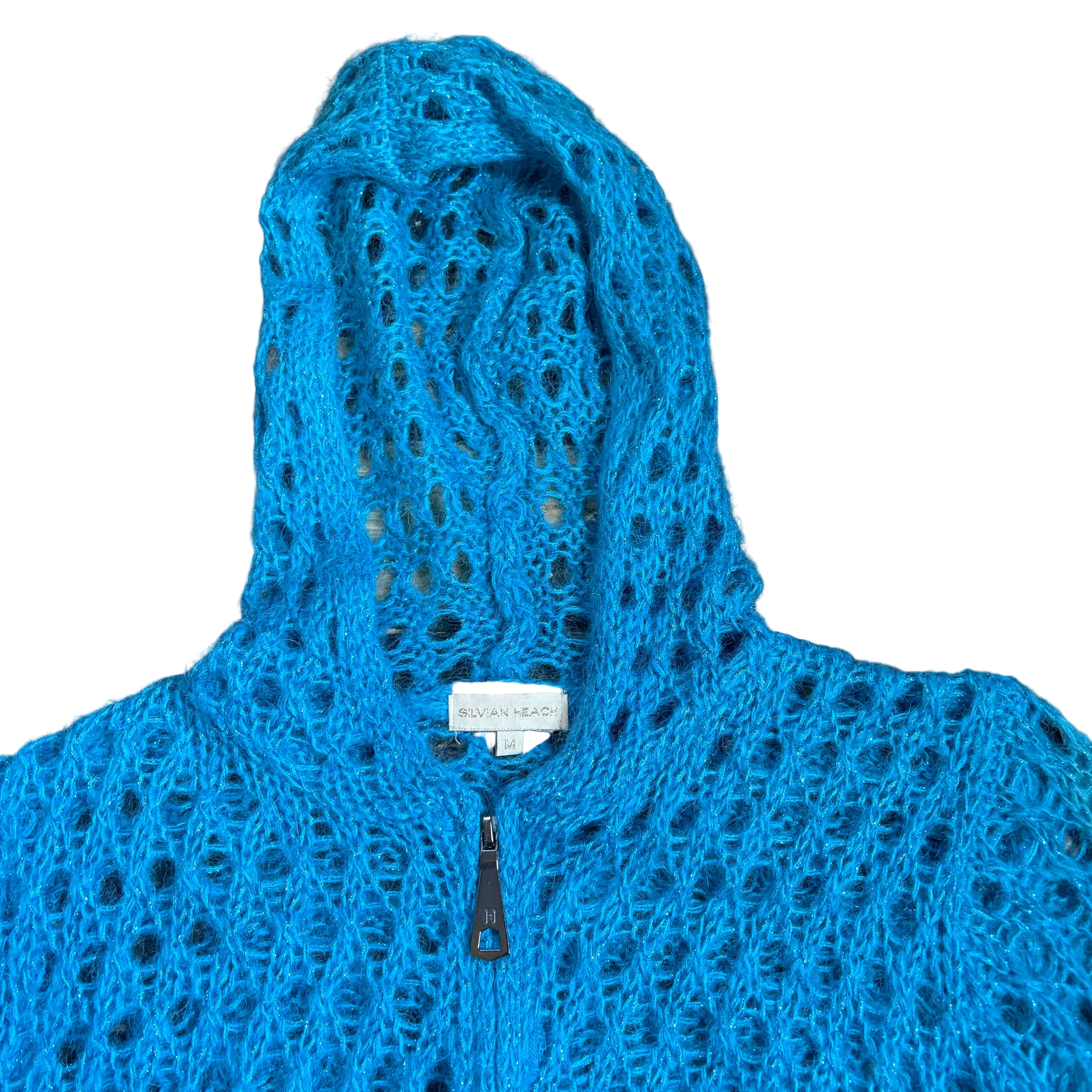 Sparkly Teal Crochet Zip-Up Sweater (M)