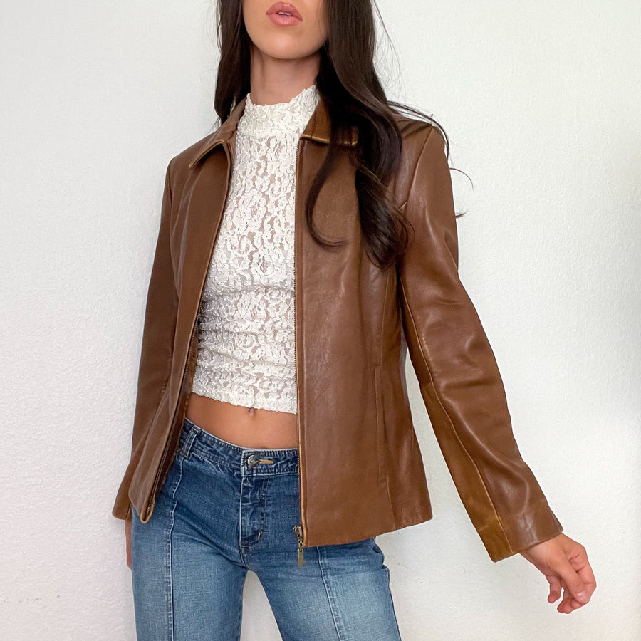 Brown Zip Up Leather Jacket (S)