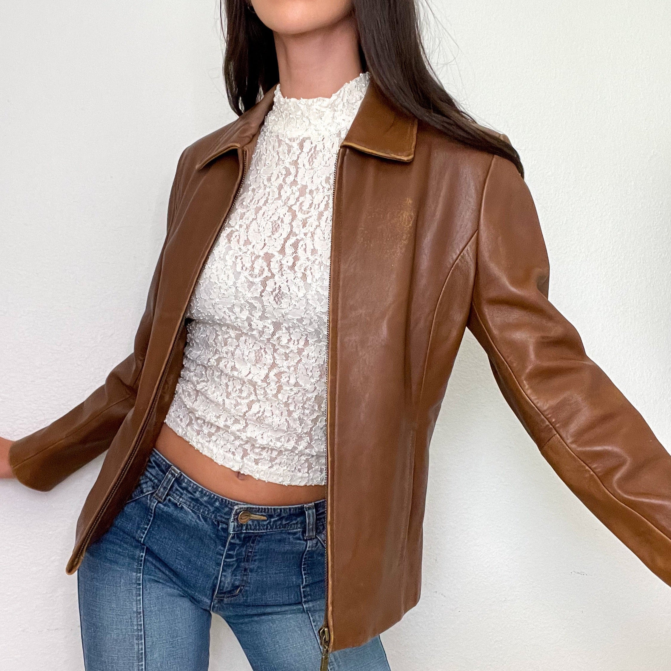 Brown Zip Up Leather Jacket (S)